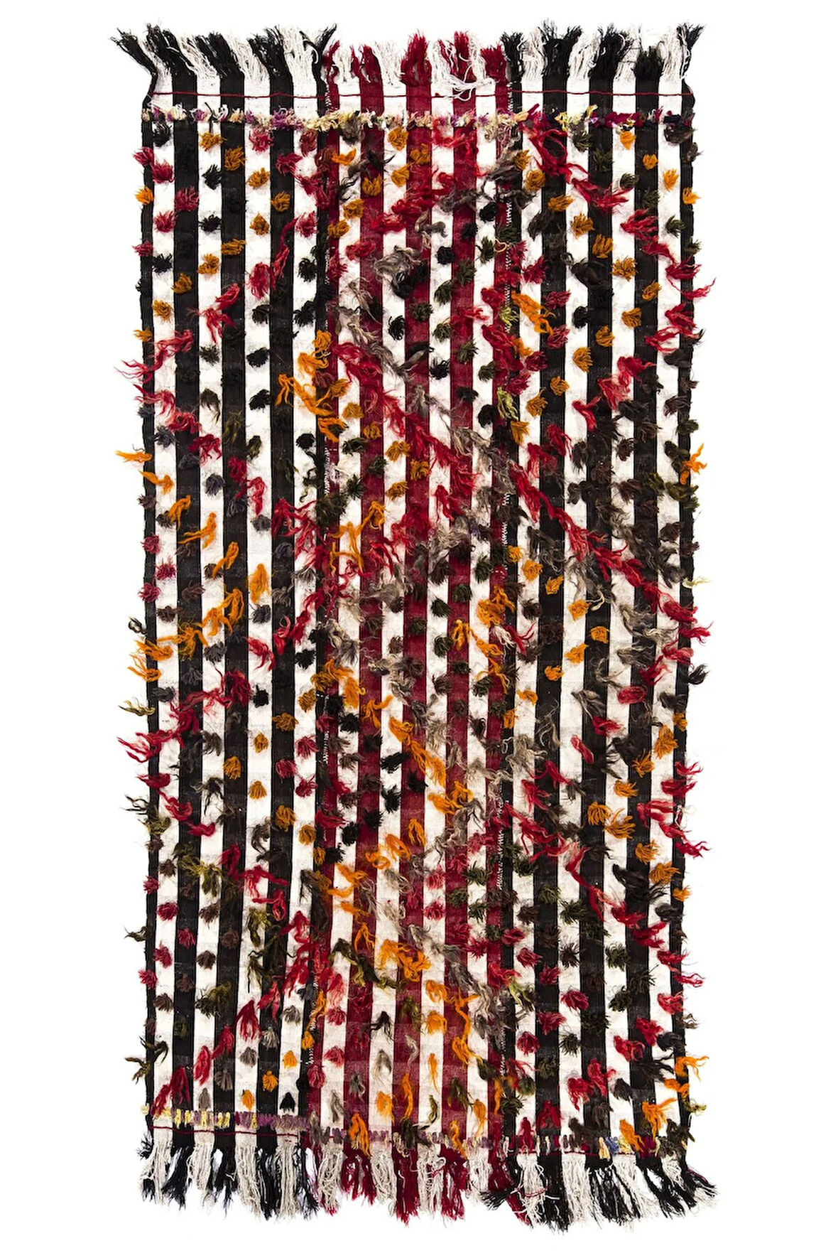 127x260 cm Çok Renkli Ponponlu Çizgili Eski Kilim Halısı. Zemin Örtüsü, Yatak Örtüsü, Duvar Askısı
