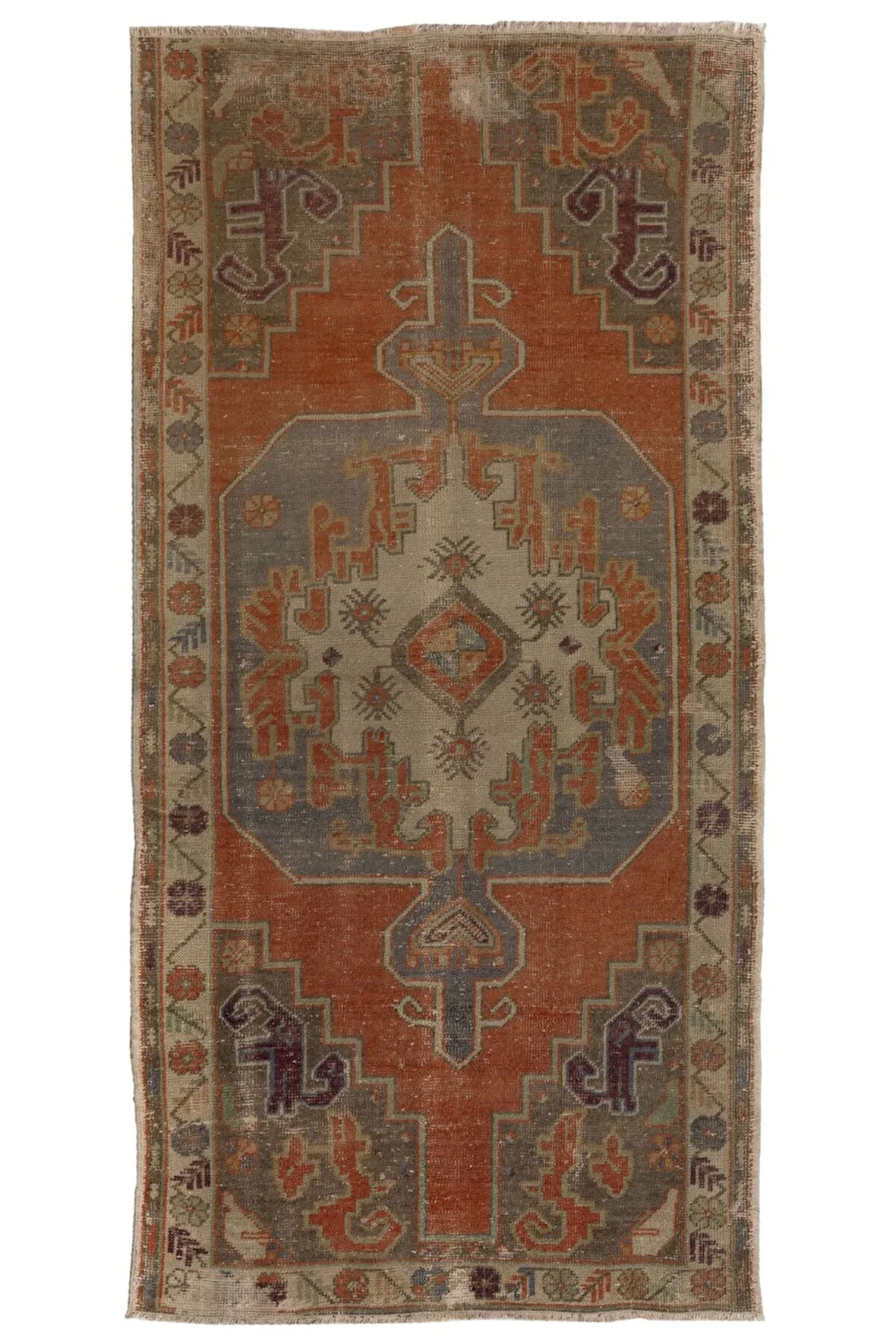 110x232 cm El Yapımı Eski Türk Köy Halısı, Dekoratif El Düğümlü Halı