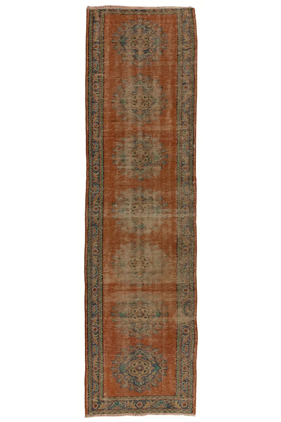 79x322 cm Eski El Dokuma Türk Yünü Yolluk Pas Kırmızısı, İndigo