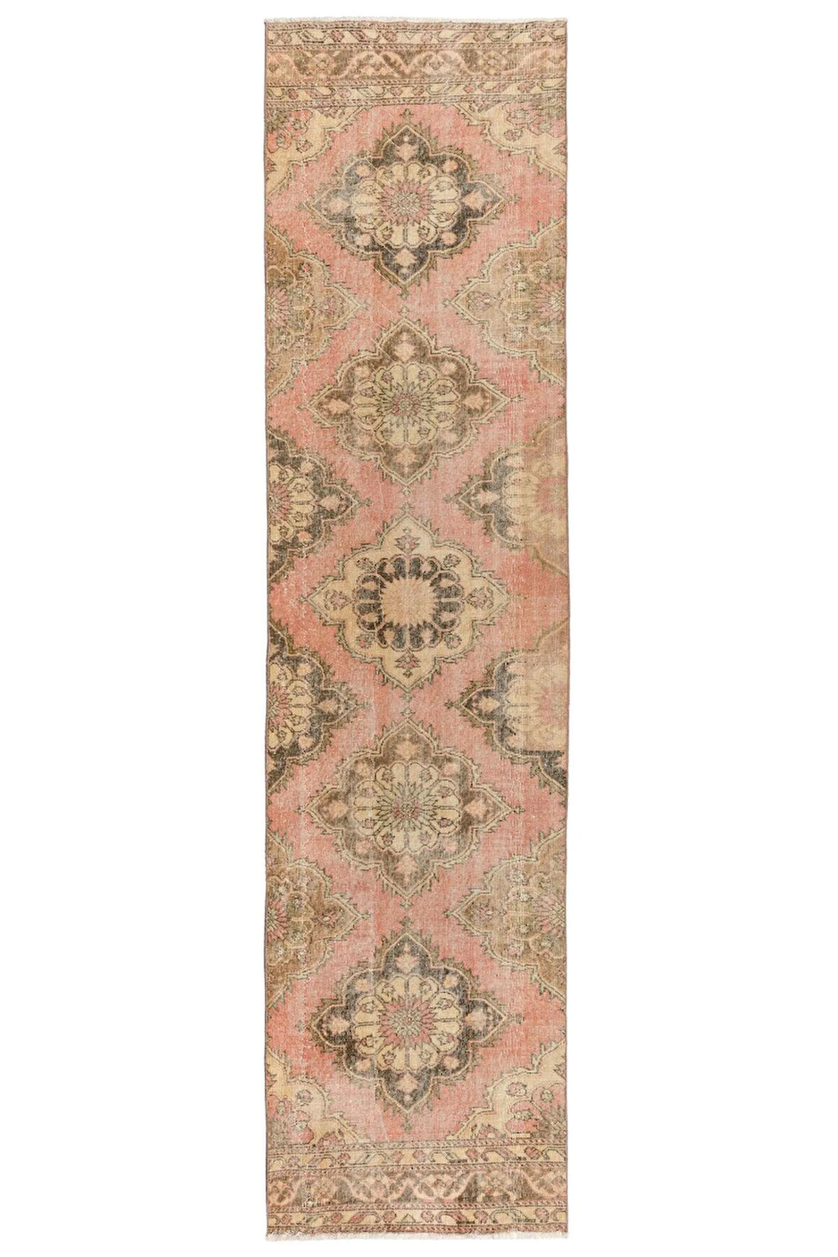 92x374 cm Soluk Kırmızı ve Bej Eski El Yapımı Türk Dar Koridor Runner'ı