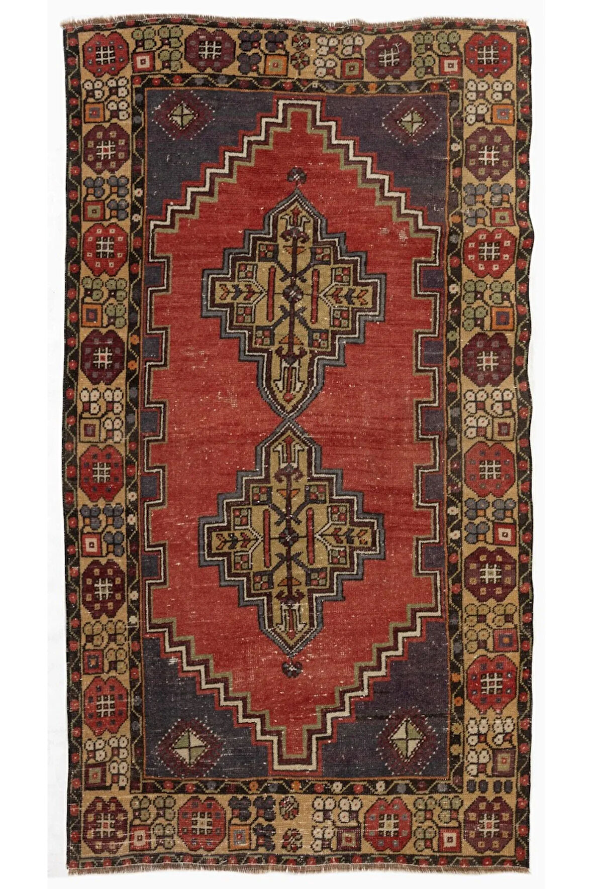 105x173 cm Eski El Yapımı Türk Köy Halısı, %100 Yün, Türünün Tek örneği