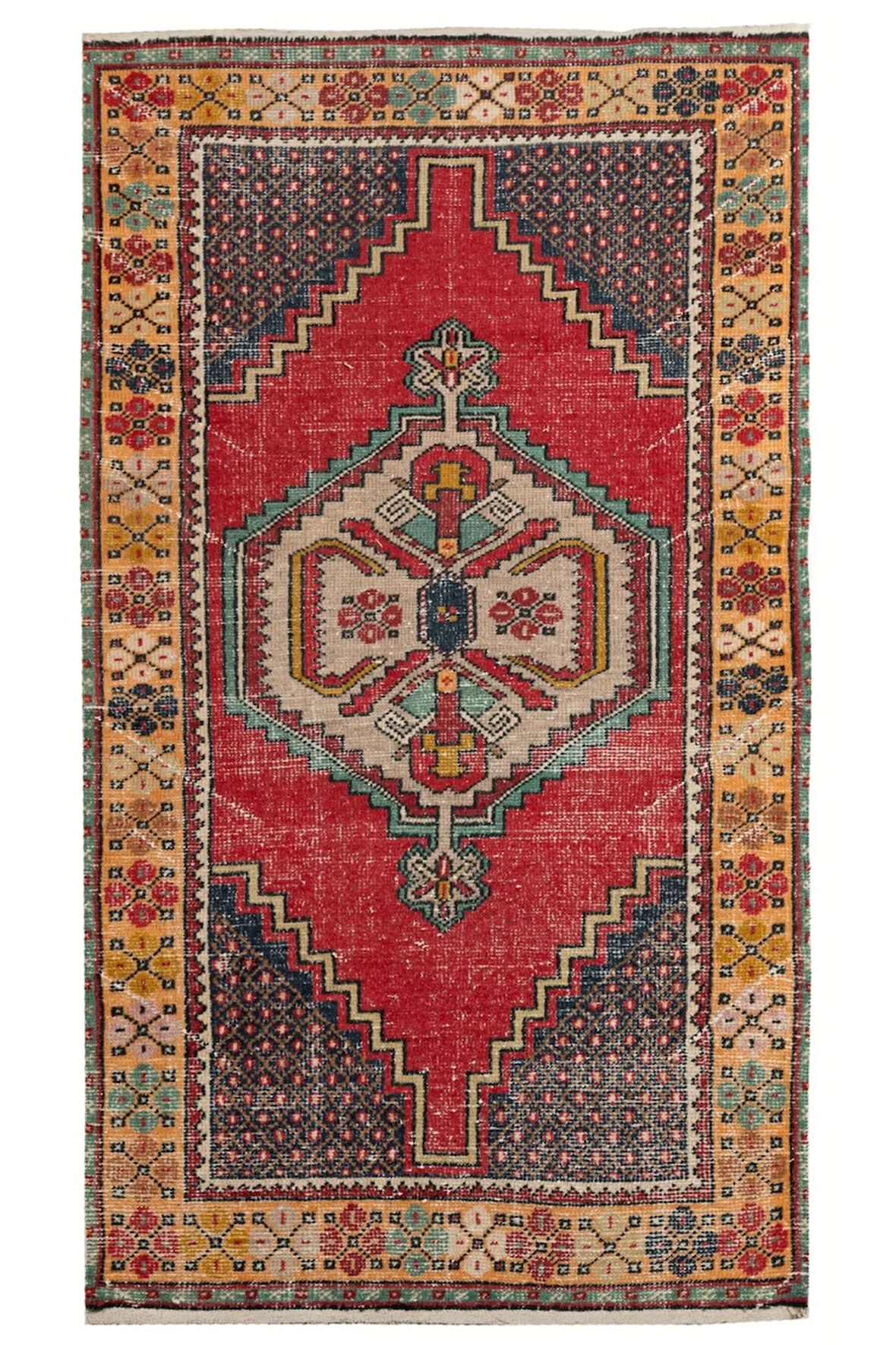 107x183 cm Canlı ve Sıcak Renklerde Eski El Dokuma Yünlü Halı, El Yapımı Halı
