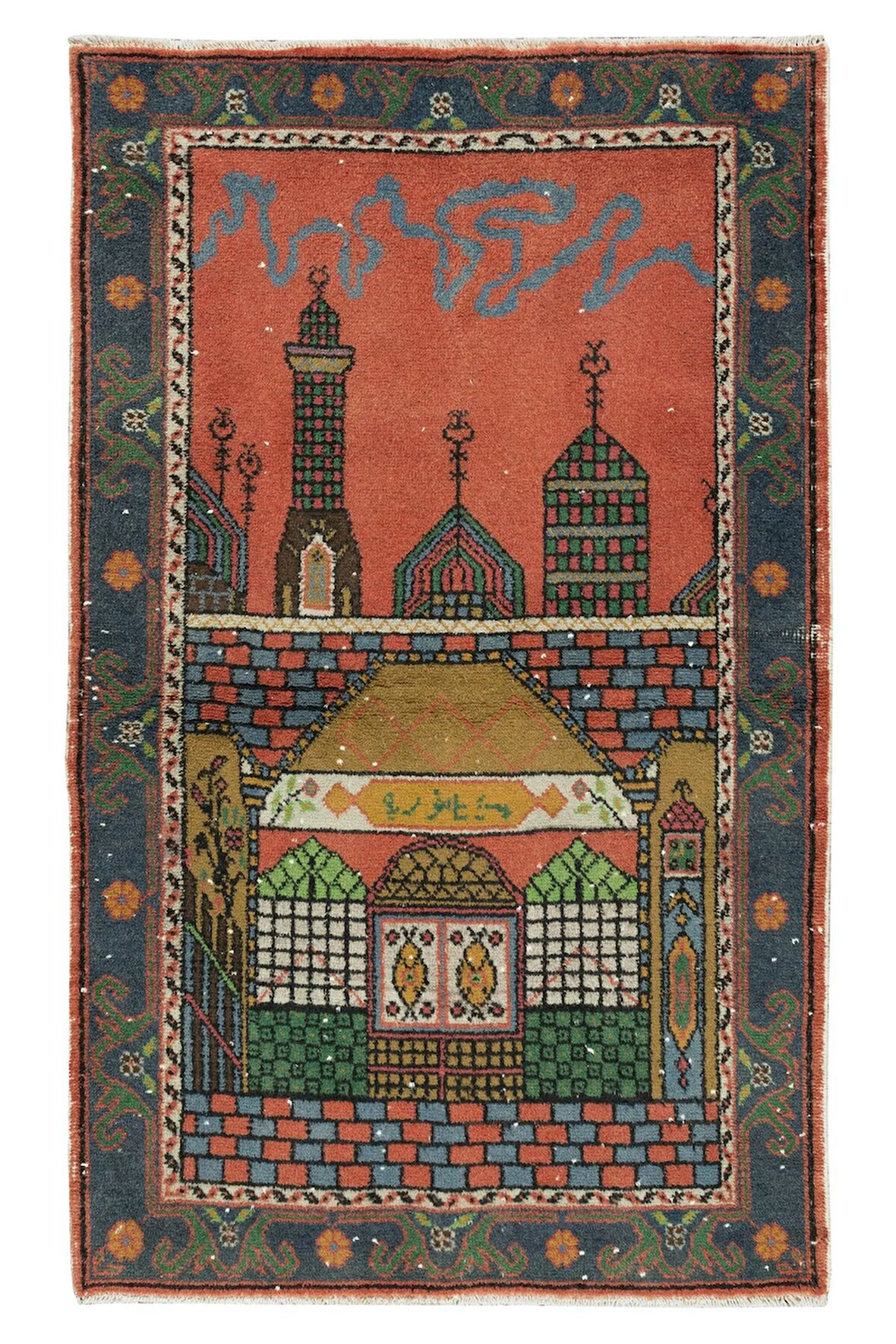 95x164 cm 1960'lı Yıllar El Yapımı Cami Motifli Seccade, Yünlü Orta Anadolu Halısı