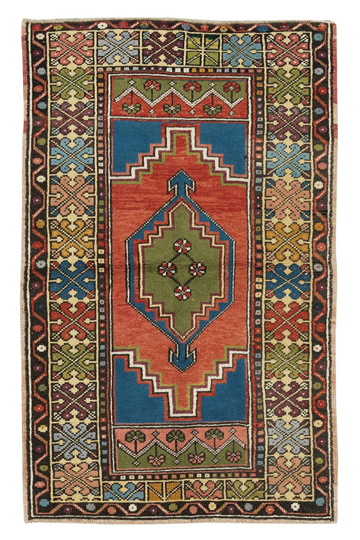 98x168 cm Renkli Eski Yün Halı, El Dokuması Oryantal Halı