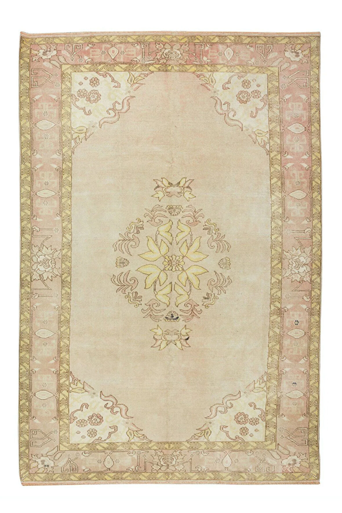 198x302 Cm Güneşte Soldurulmuş Eski El Yapımı Türk Uşak Yün Alan Halı, Otantik 2000'lerden Halı