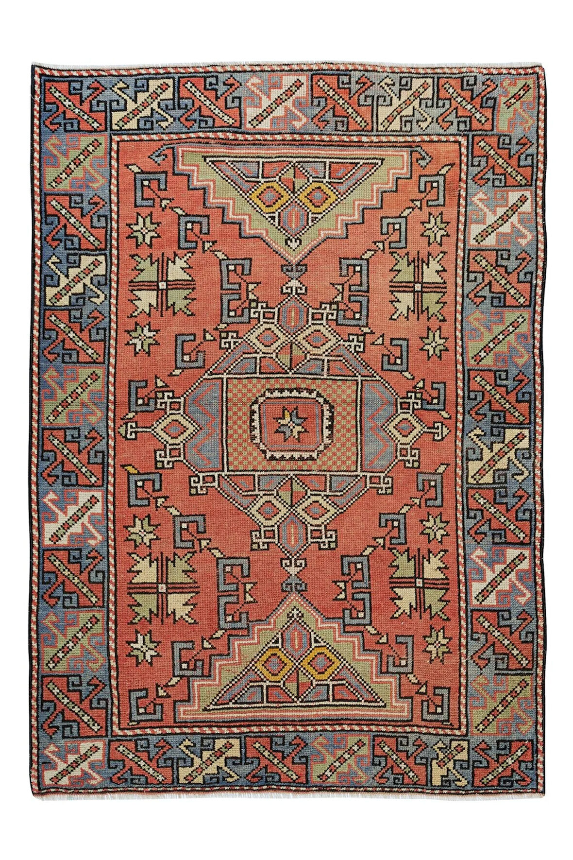 121x173 cm Geometrik Desenli Geleneksel Eski El Düğümlü Yünlü Halı