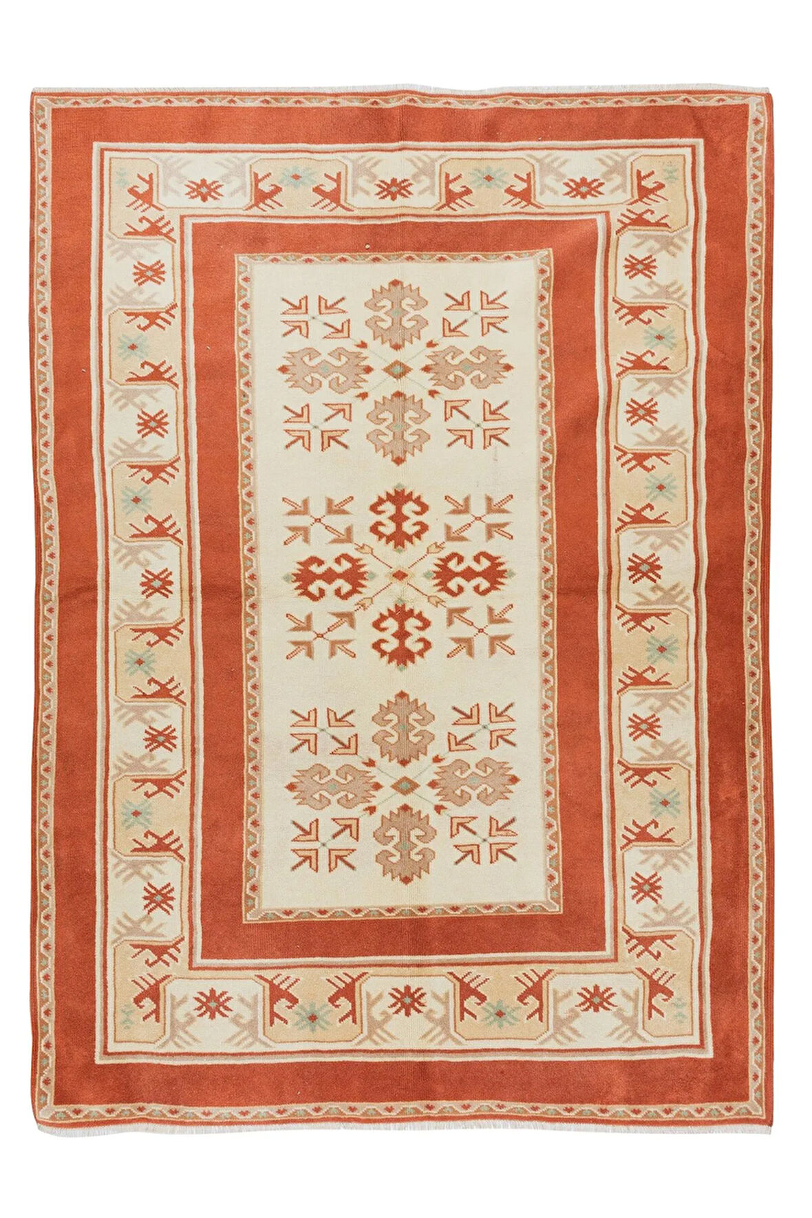 150x203 cm Kırmızı & Krem Renklerinde Modern El Dokuma Yünlü Halı, %100 Yün