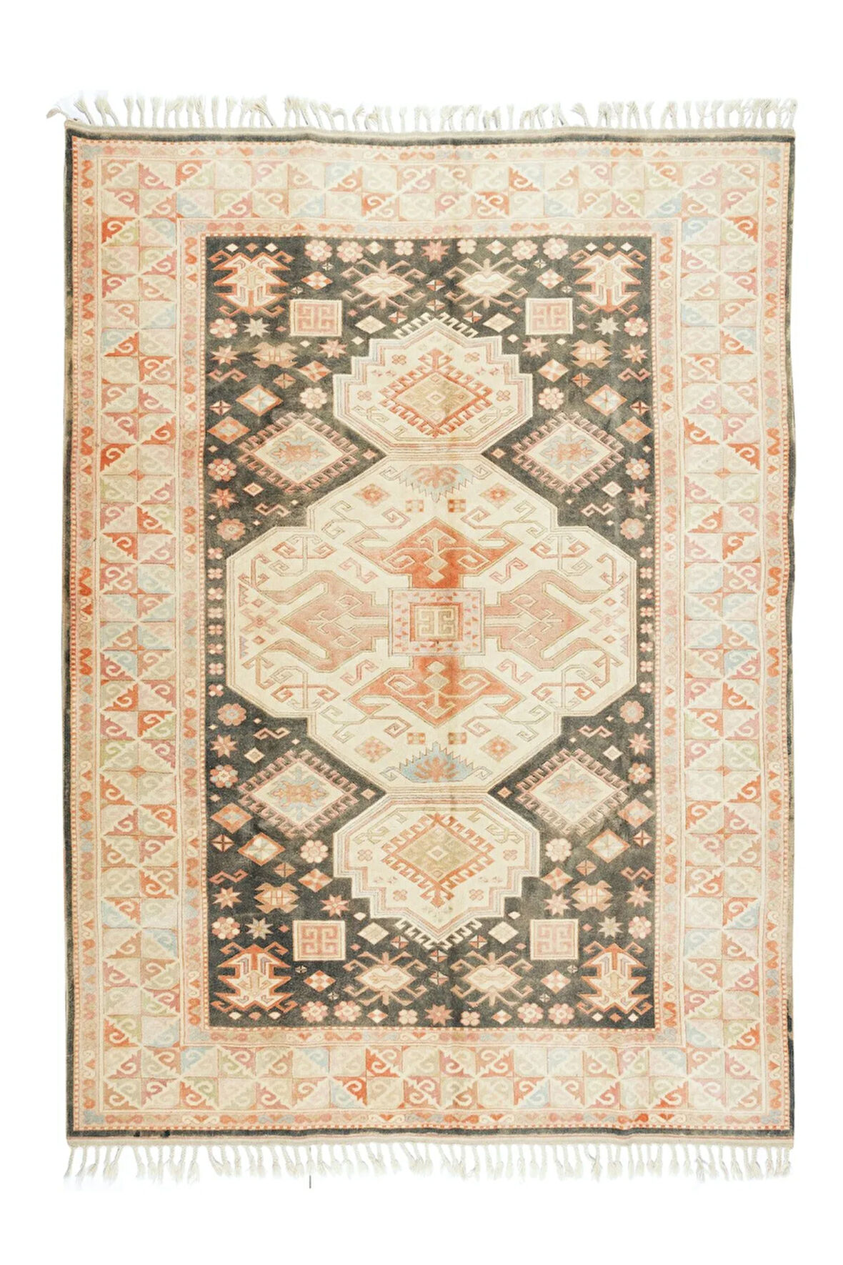 197x280 cm 1960'ların Geometrik Desenli El Yapımı Alan Halısı, Eski Oturma Odası Halısı
