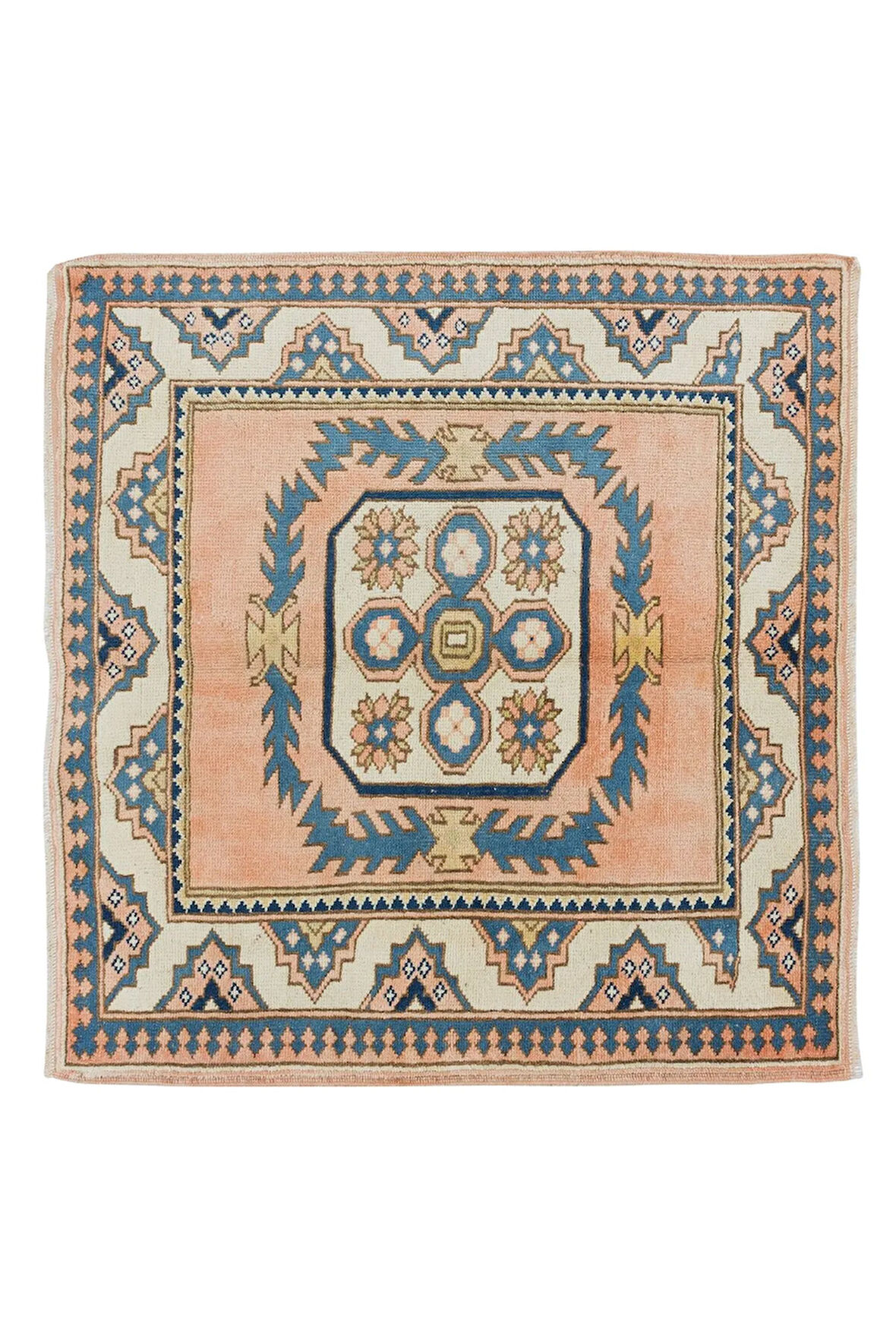 112x124 cm El Düğümlü Alan Halısı, Kare Geometrik Desenli Küçük Halı, %100 Yün