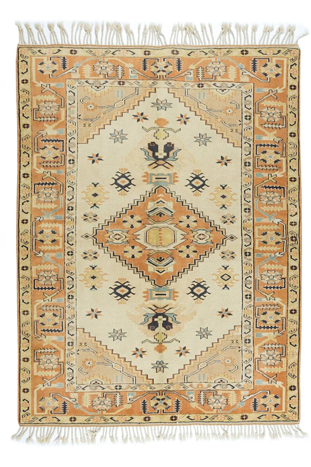 160x210 cm Geometrik Madalyon Desenli Otantik El Yapımı Anadolu Halısı, %100 Yün