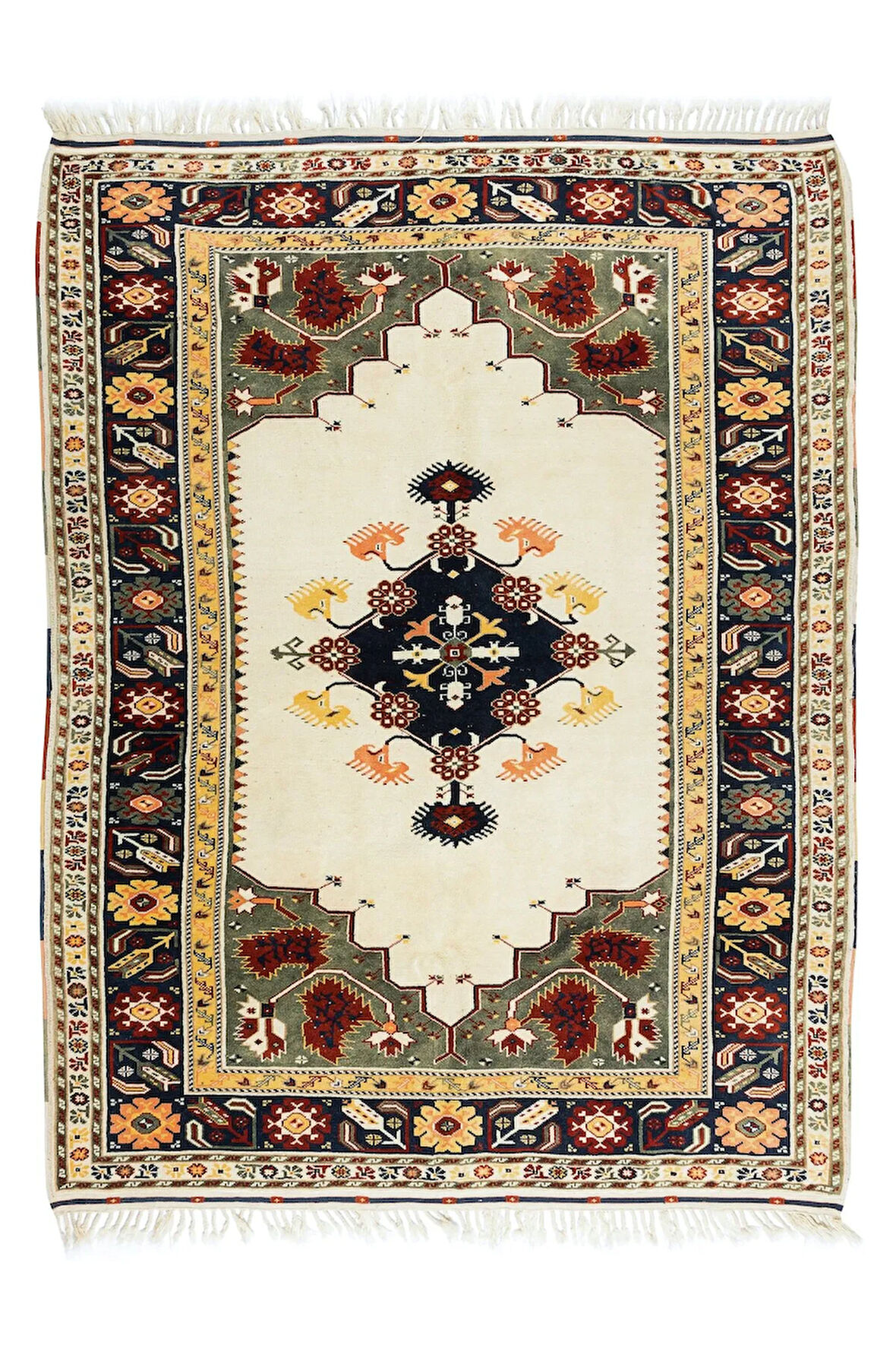 196x254 cm Geometrik Madalyon Desenli El Yapımı Anadolu Halısı, %100 Yün, Modern Halı