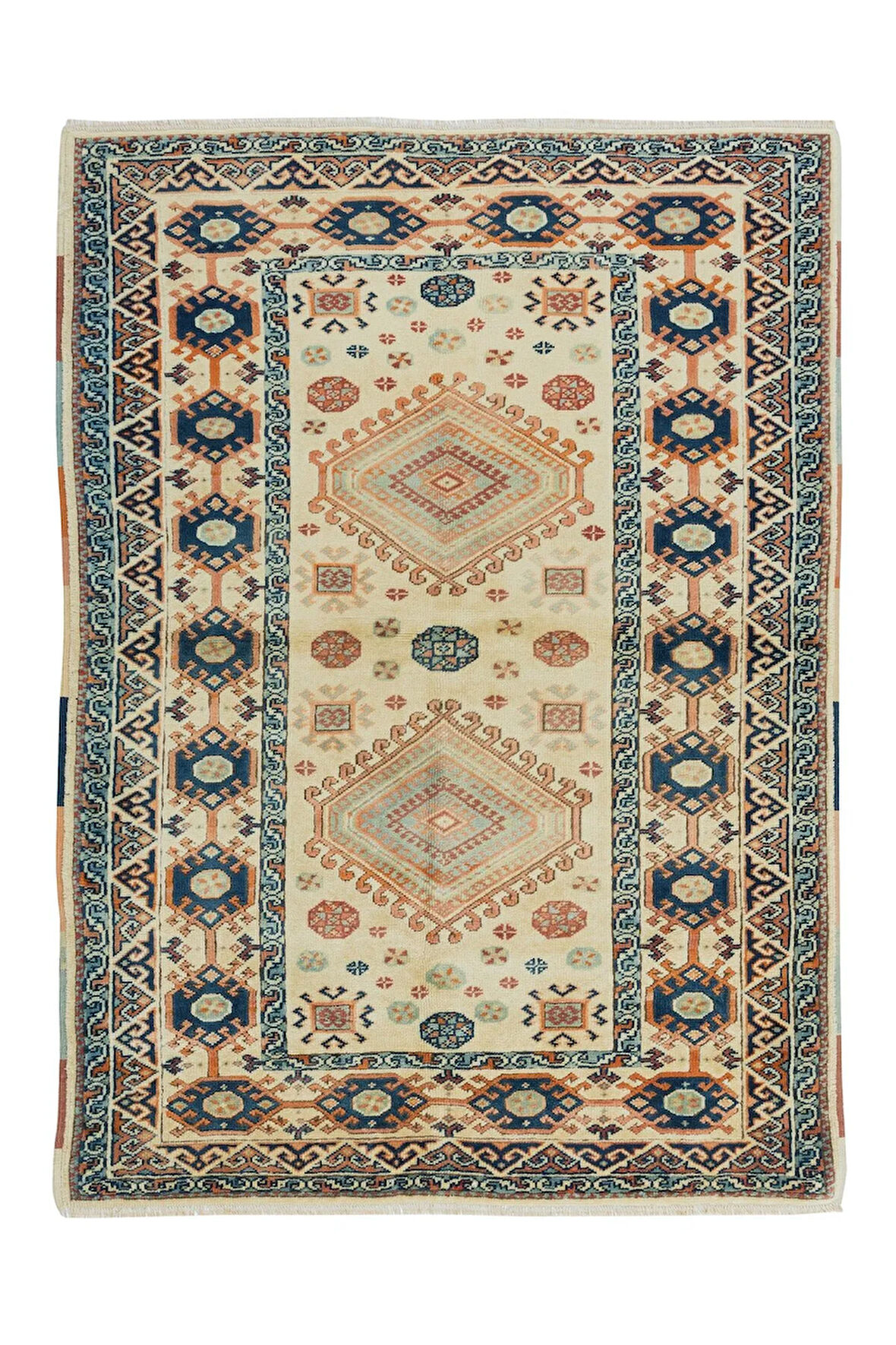 122x175 cm İki Geometrik Madalyon Desenli Eski El Yapımı Anadolu Halısı, %100 Yün