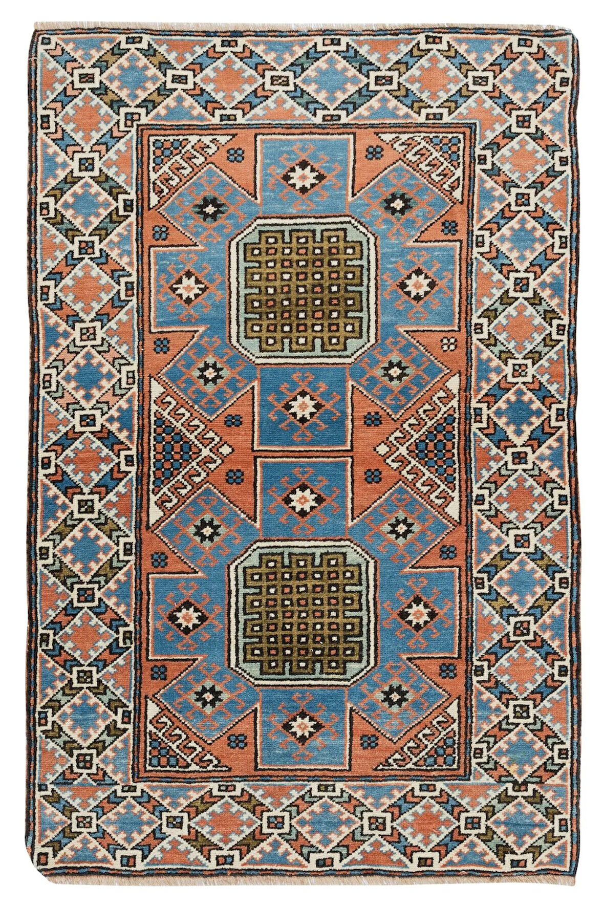 91x140 cm Eski El Yapımı Geometrik Desenli Halı, Küçük Halı