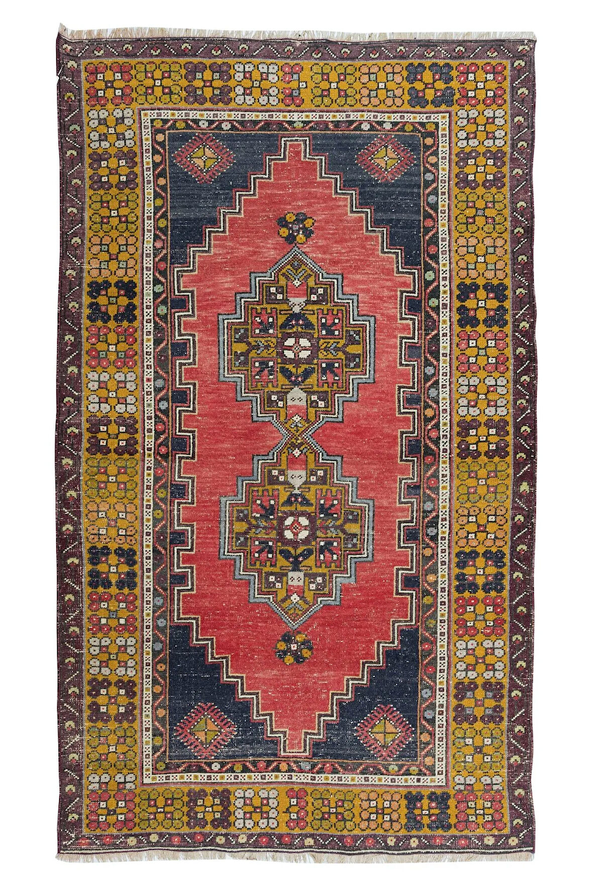 112x200 cm Türkiye'den Eski Halı, Kırmızı, Altın, Lacivert, Pembe ve Yeşil Renklerde Oryantal Halı