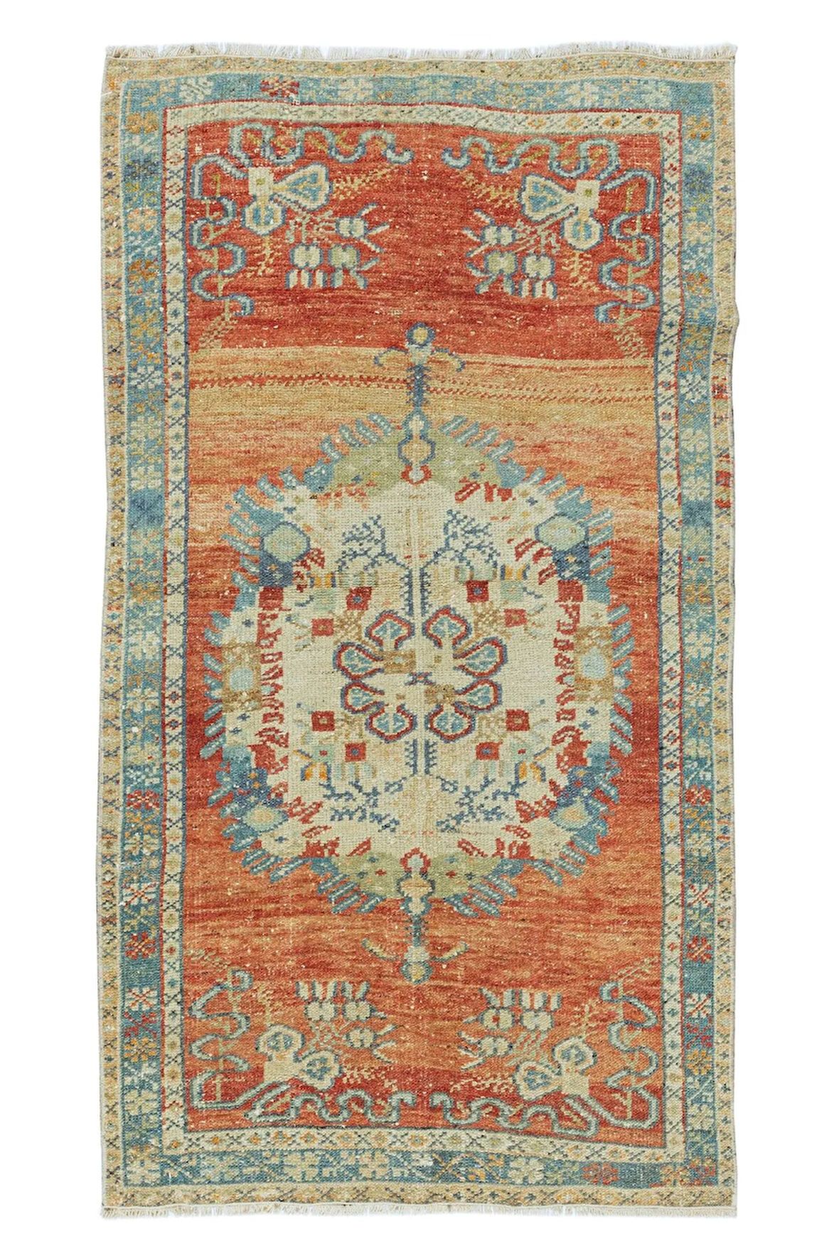 78x143 cm Eski El Düğümlü Halı, 1960 civarı, Madalyon Desenli Küçük Halı