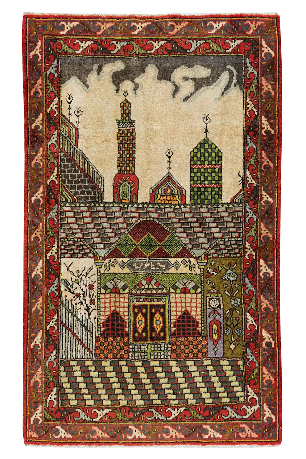 105x172 cm Benzersiz Eski El Yapımı Seccade, Cami Desenli Halı