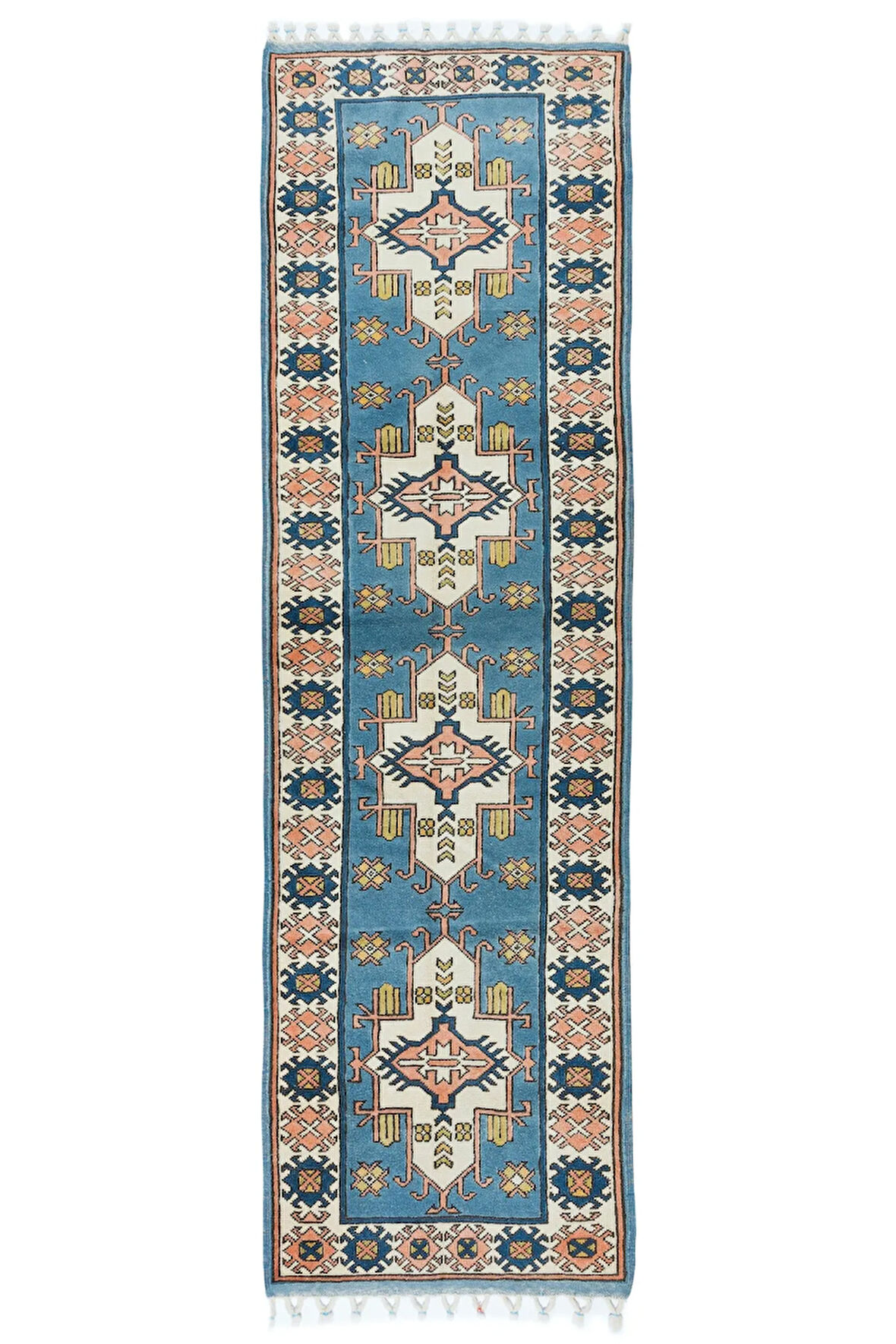 87x307 cm Modern El Düğümlü Koridor Halısı, Mavi Geometrik Desenli Koridor Halısı, %100 Yün