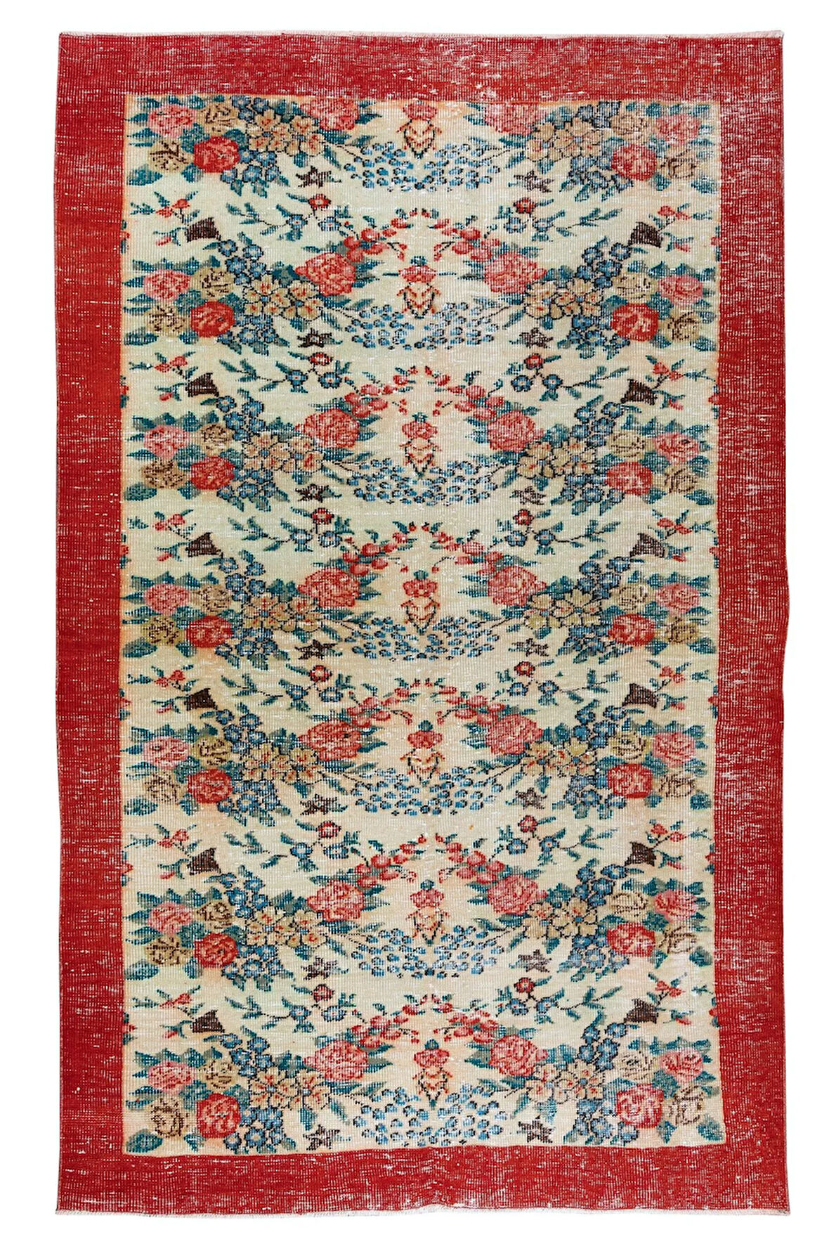 176x283 cm El Yapımı Çiçek Desenli Kırmızı Bordürlü Anadolu Halısı