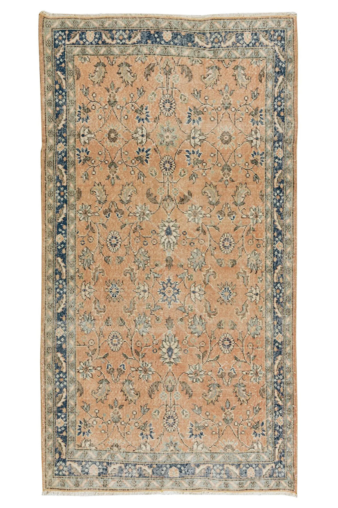 113x205 cm El Yapımı Çiçek Desenli Halısı, Otantik Eski 1960'lardan Yünlü Halı