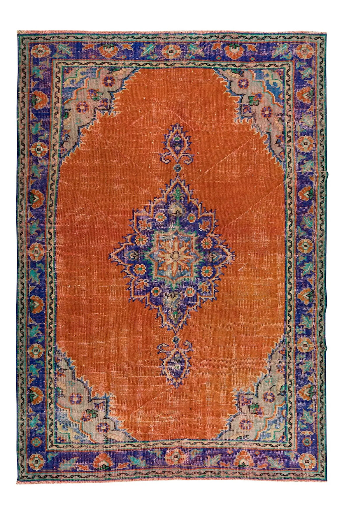 165x240 cm Yanık Turuncu, Mor, Mavi ve Yeşil Renkli Madalyon Desen El Yapımı Anadolu'dan Eski Halı