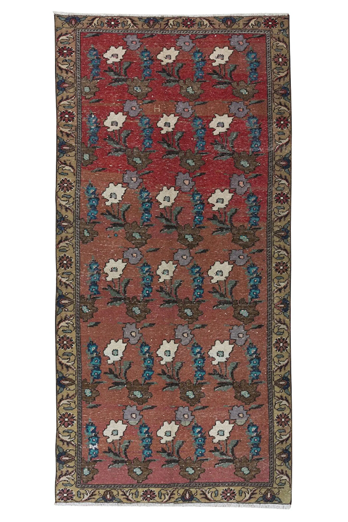 117x255 cm Kırmızı ve Bej Eski El Yapımı Çiçek Desenli Halı