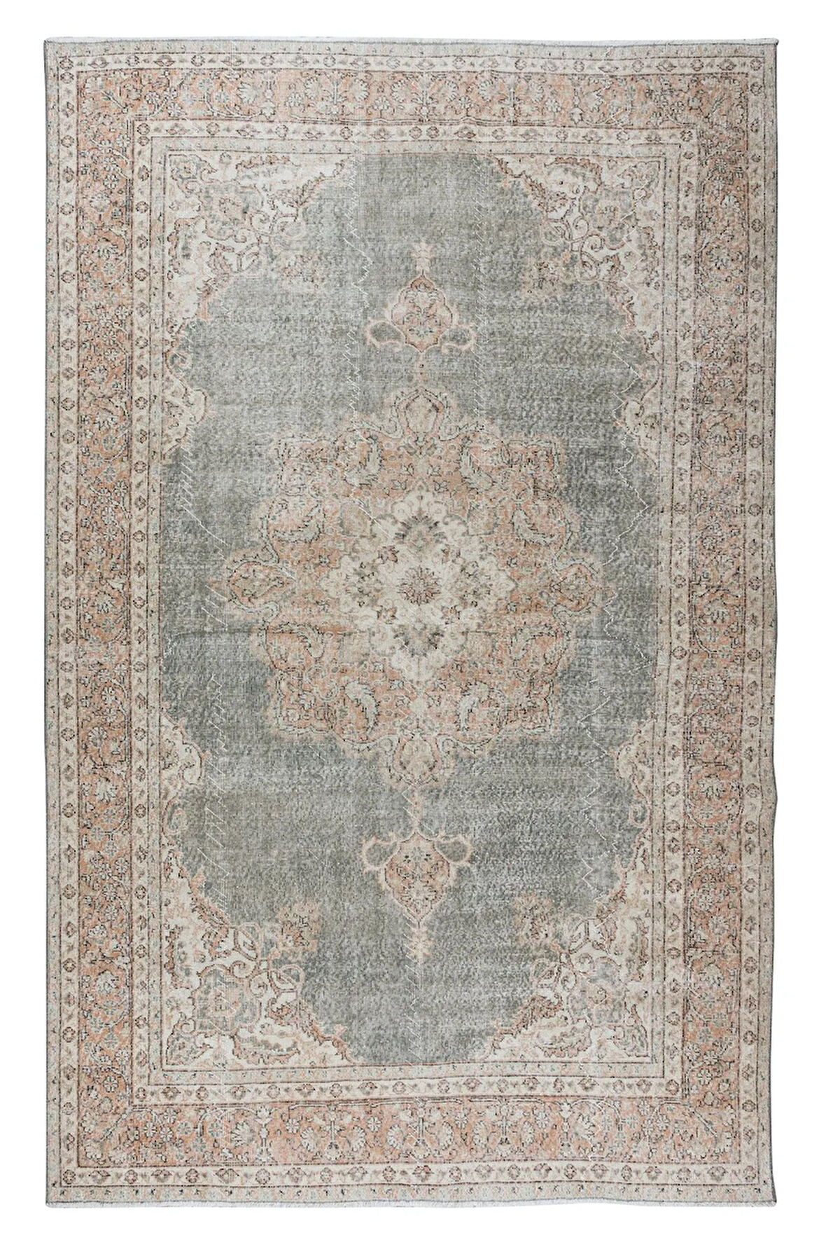 210x343 cm Madalyon Desenli El Yapımı Türk Halısı, Eski Yünlü Halı