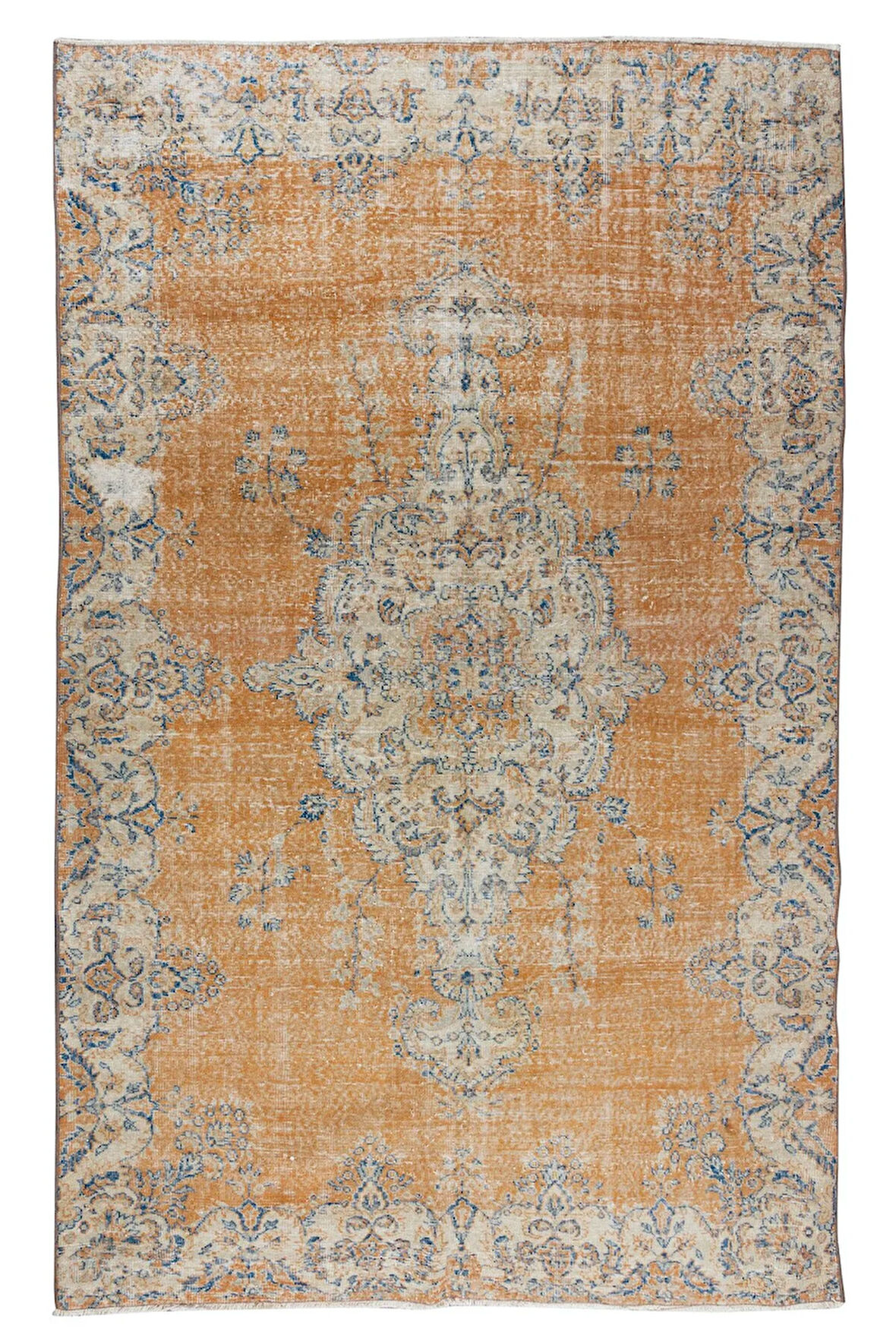 206x320 cm Madalyon Desenli El Düğümlü Halı, Turuncu, Lacivert ve Krem Renklerinde Eski Halı