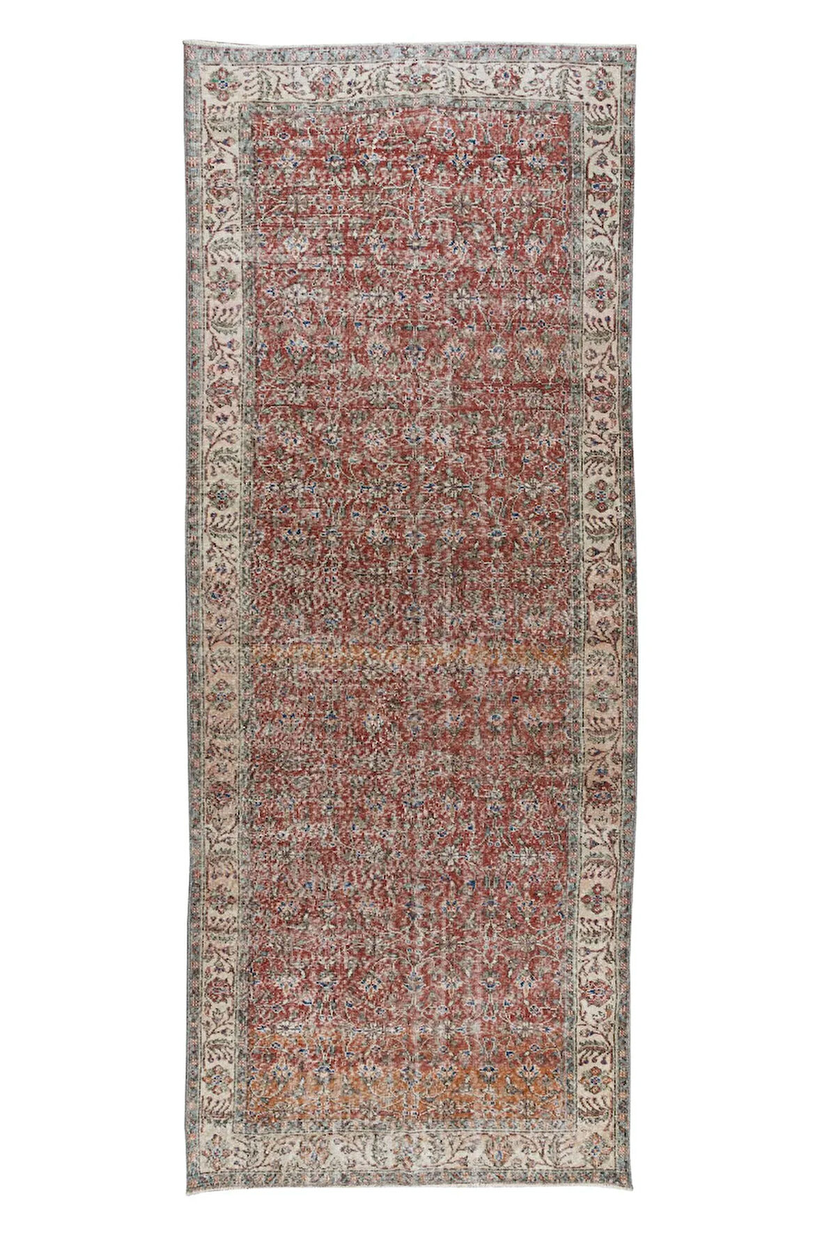 140x382 cm Çiçek Desenli Yünlü Yolluk Halı. Koridor Dekoru için Eski El Düğümlü Halı