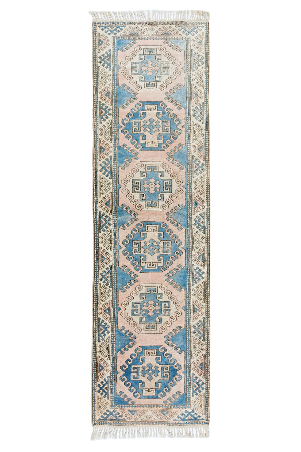 95x323 cm Koridor Dekoru için El Düğümlü Eski Yünlü Yolluk Halı, Geometrik Otantik Koridor Halısı