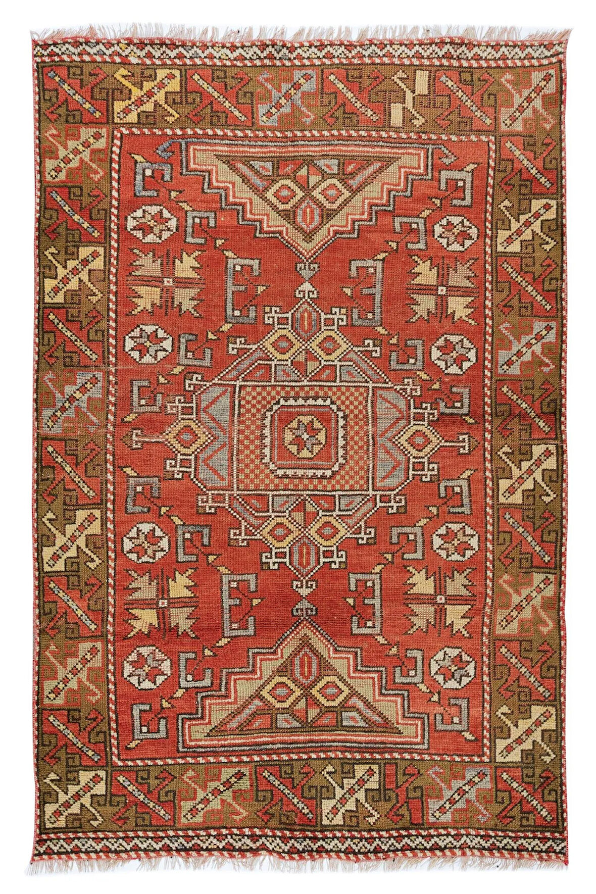 115x175 cm Kırmızı Eski El Düğümlü Geometrik Desenli Geleneksel Halı
