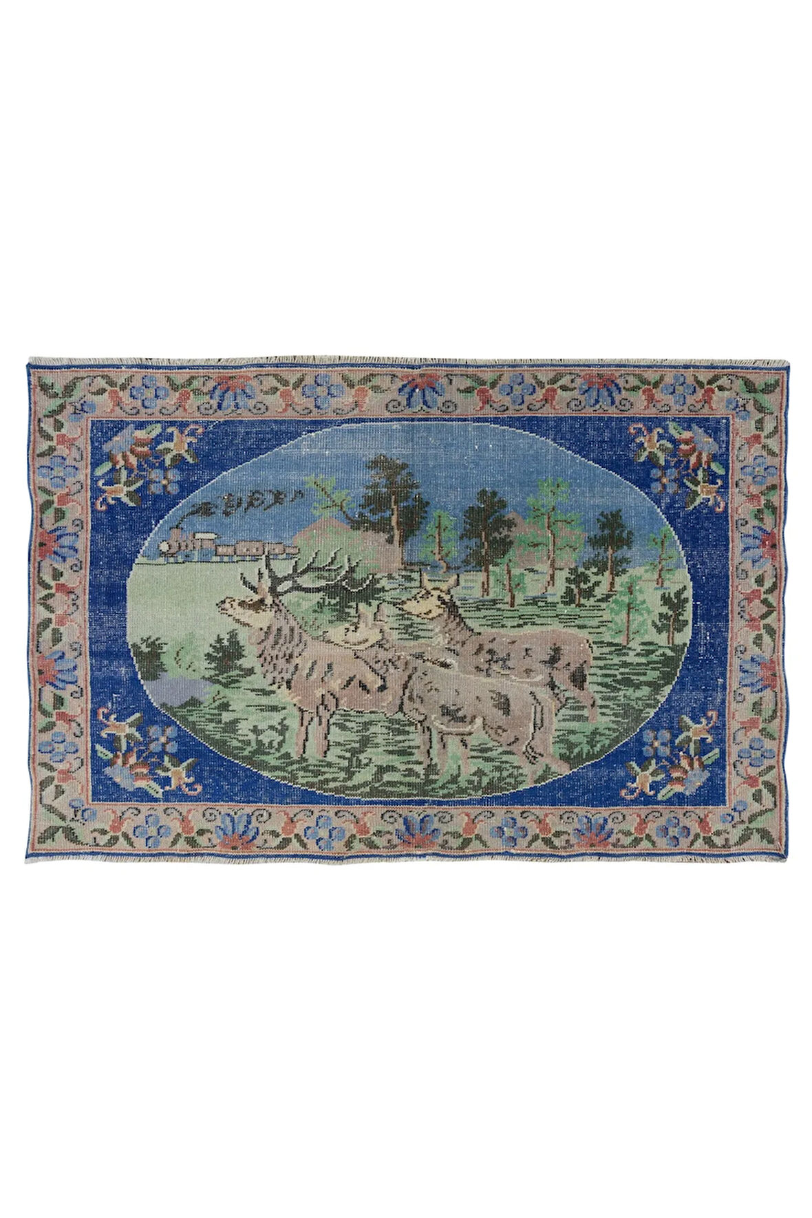 158x100 cm Geyik, Ağaç ve Çiçek Desenli Halı, El Düğümlü Eski Duvar Asıkısı, Dekoratif Halı