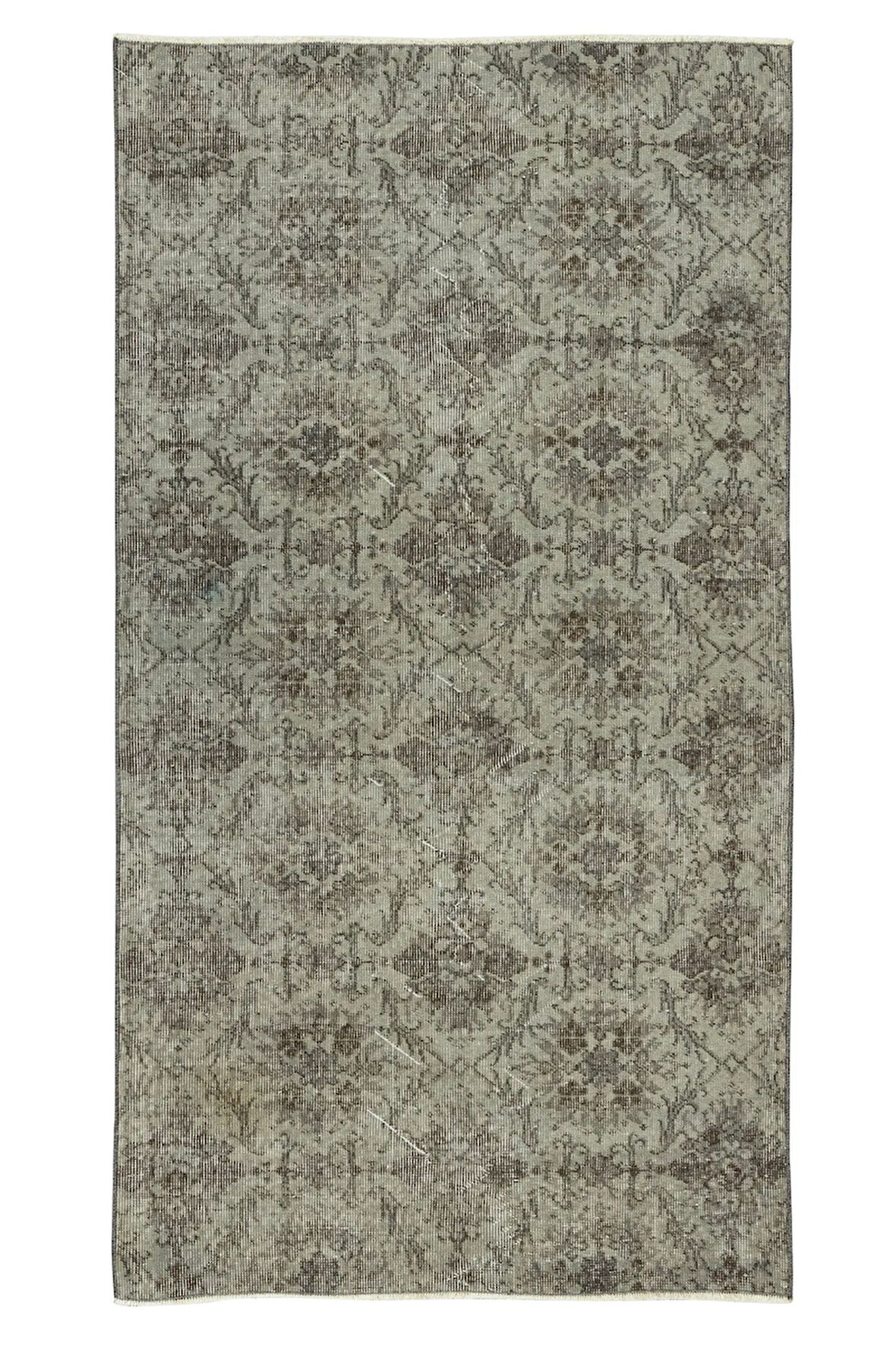 110x206 cm Eski El Yapımı Türk Deco Yün Halı, Çiçek Desenli Gri Halı