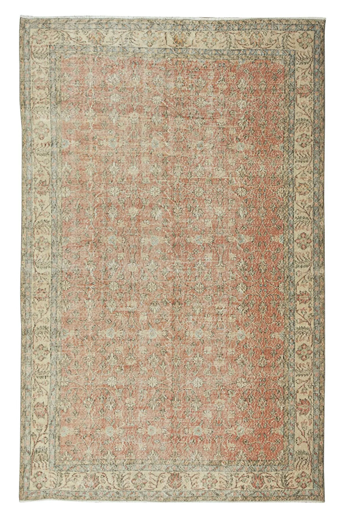 200x317 cm El Düğümlü Eski Orta Anadolu Halısı, Çiçek Desenli, Yün ve Pamuklu Halı