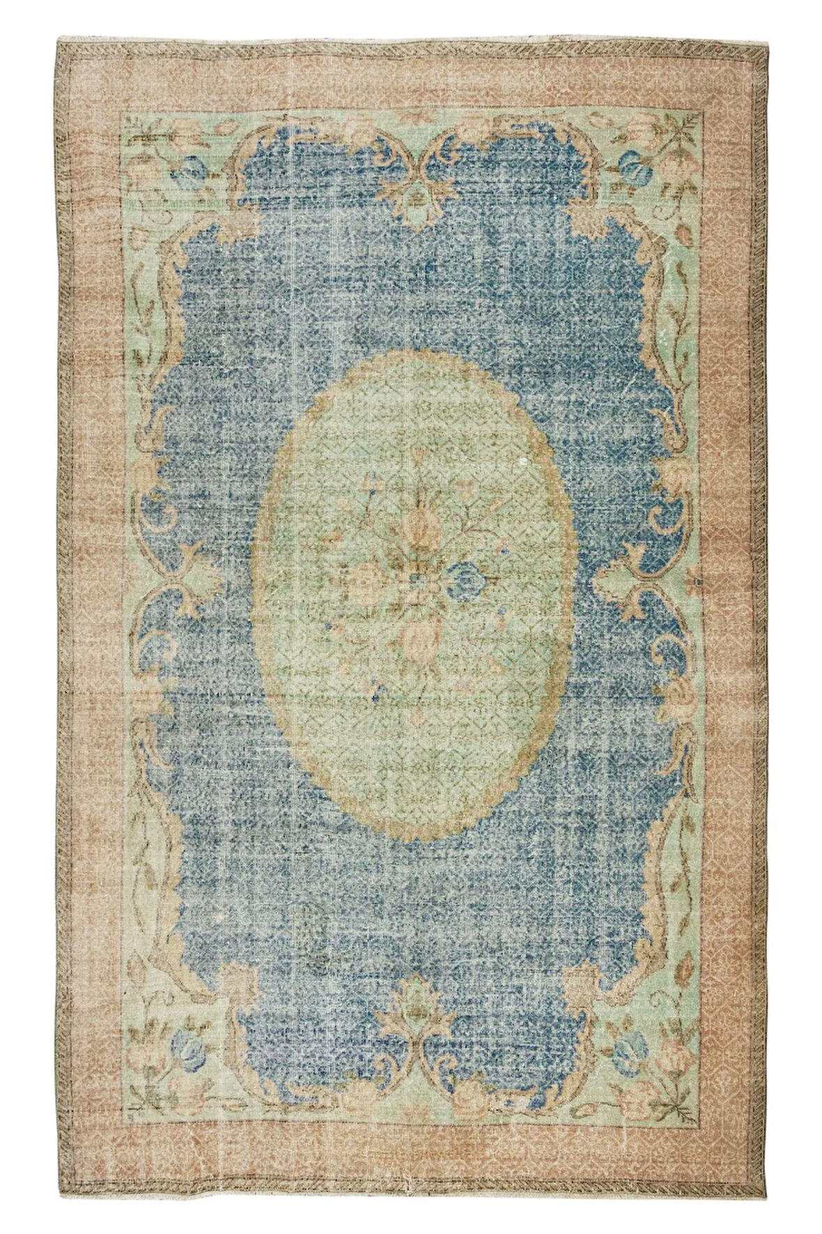 210x323 cm El Yapımı Türk Alan Halısı, Yumuşak Renklerle Eski Çiçekli Büyük Yünlü Halı