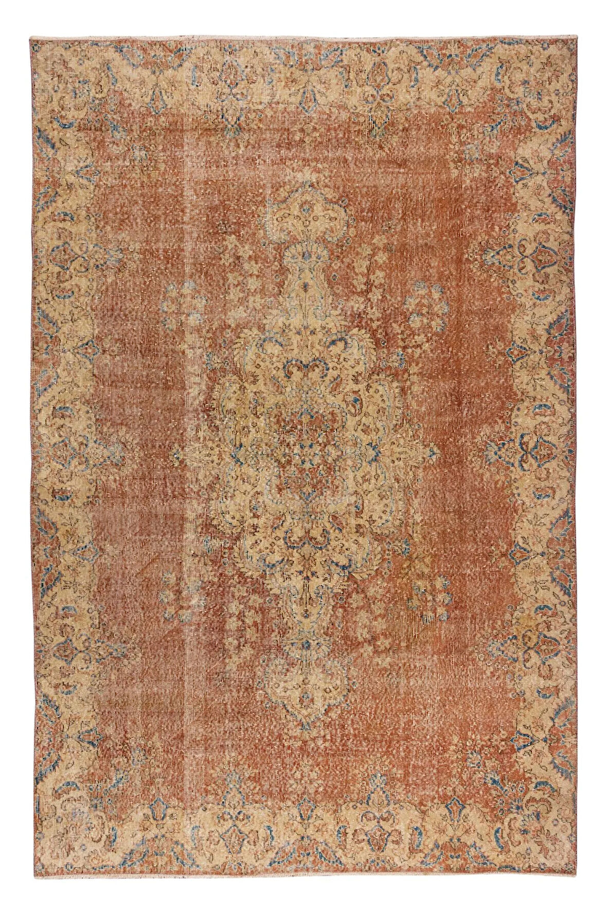 213x318 cm El Yapımı Madalyon Desenli Eski Türk Bölge Halısı, Yünlü Halı