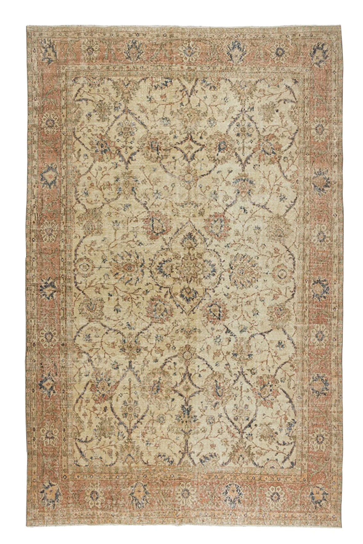 239x355 cm Çiçek Desenli Eski El Dokuma Halı, Eşsiz El Yapımı Halı