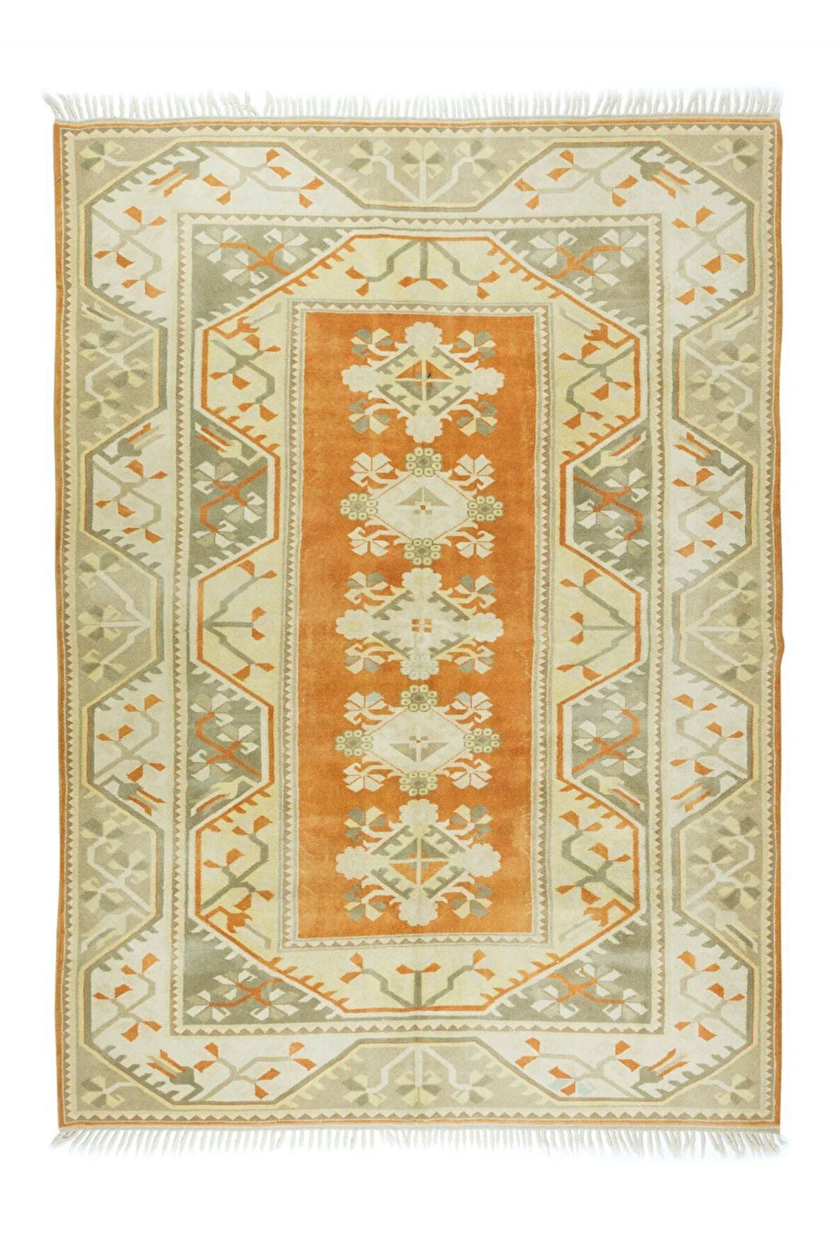 200x285 cm Türk Milas Halısı, Eski Geometrik Desenli El Düğümlü Yün Halı