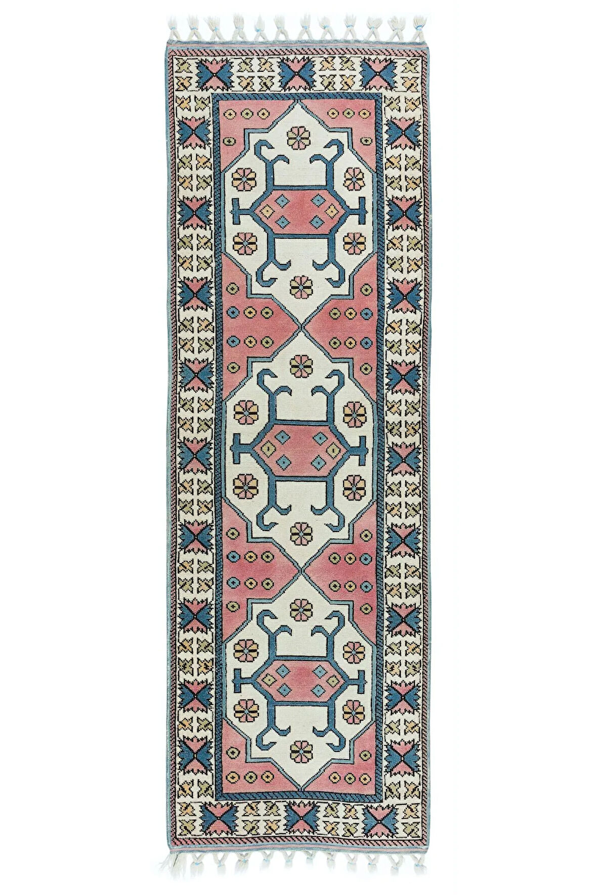 88x272 cm Geleneksel El Düğümlü Koridor Halısı, Eski Geometrik Desenli Yolluk Halı
