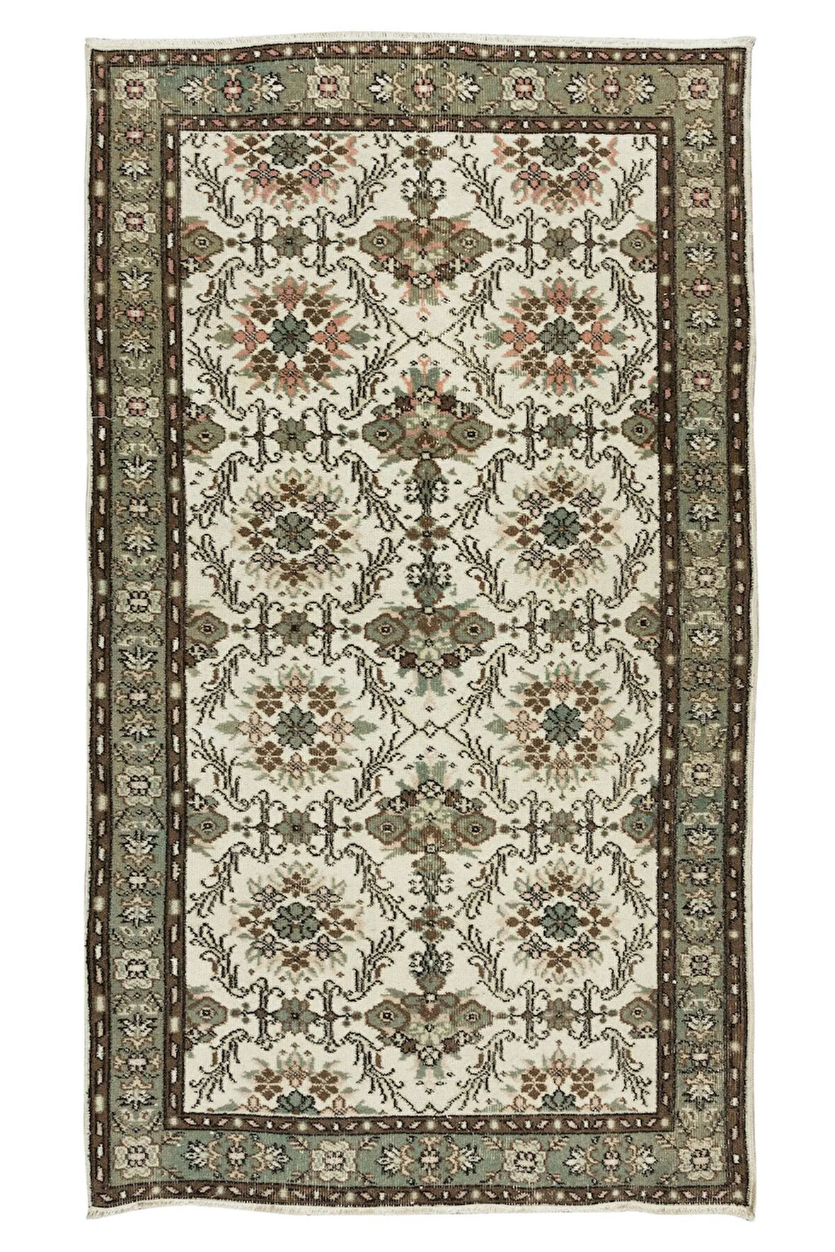 115x207 cm El Düğümlü Eski Türk Yün Halısı, Çiçek Desenli El Dokuması Halı