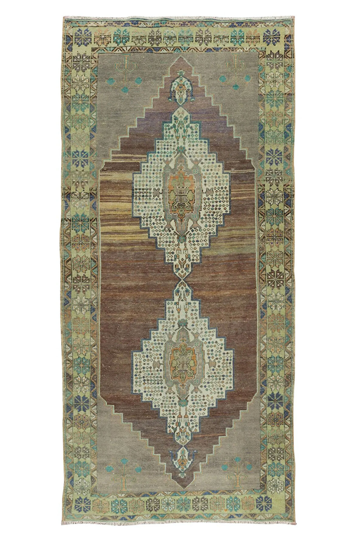 127x295 cm İki Geometrik Madalyonlu, Eşsiz Eski El Yapımı Yünlü Alan Halısı