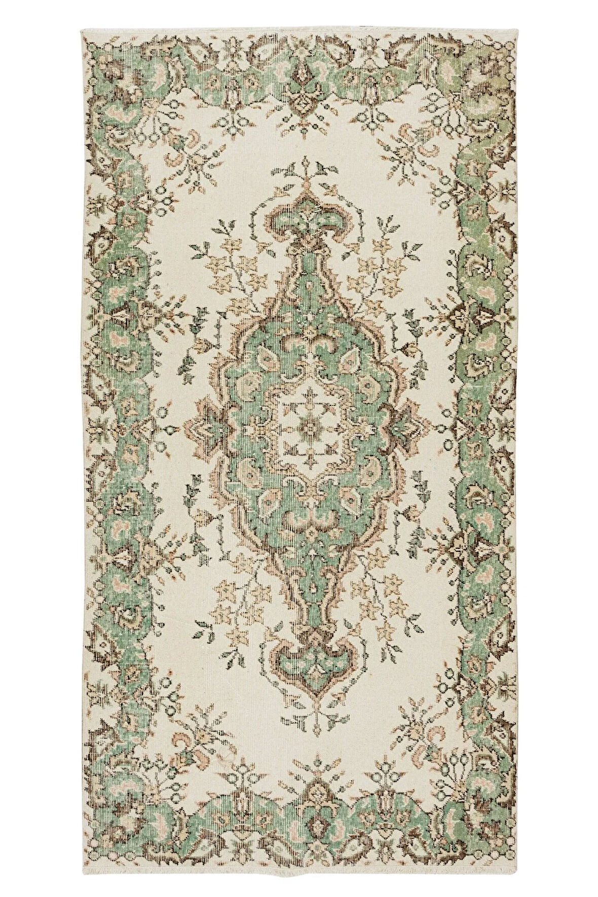 111x212 cm Bej ve Yeşil Renklerde Eski El Yapımı Anadolu Halısı, Madalyon Tasarımlı Halı