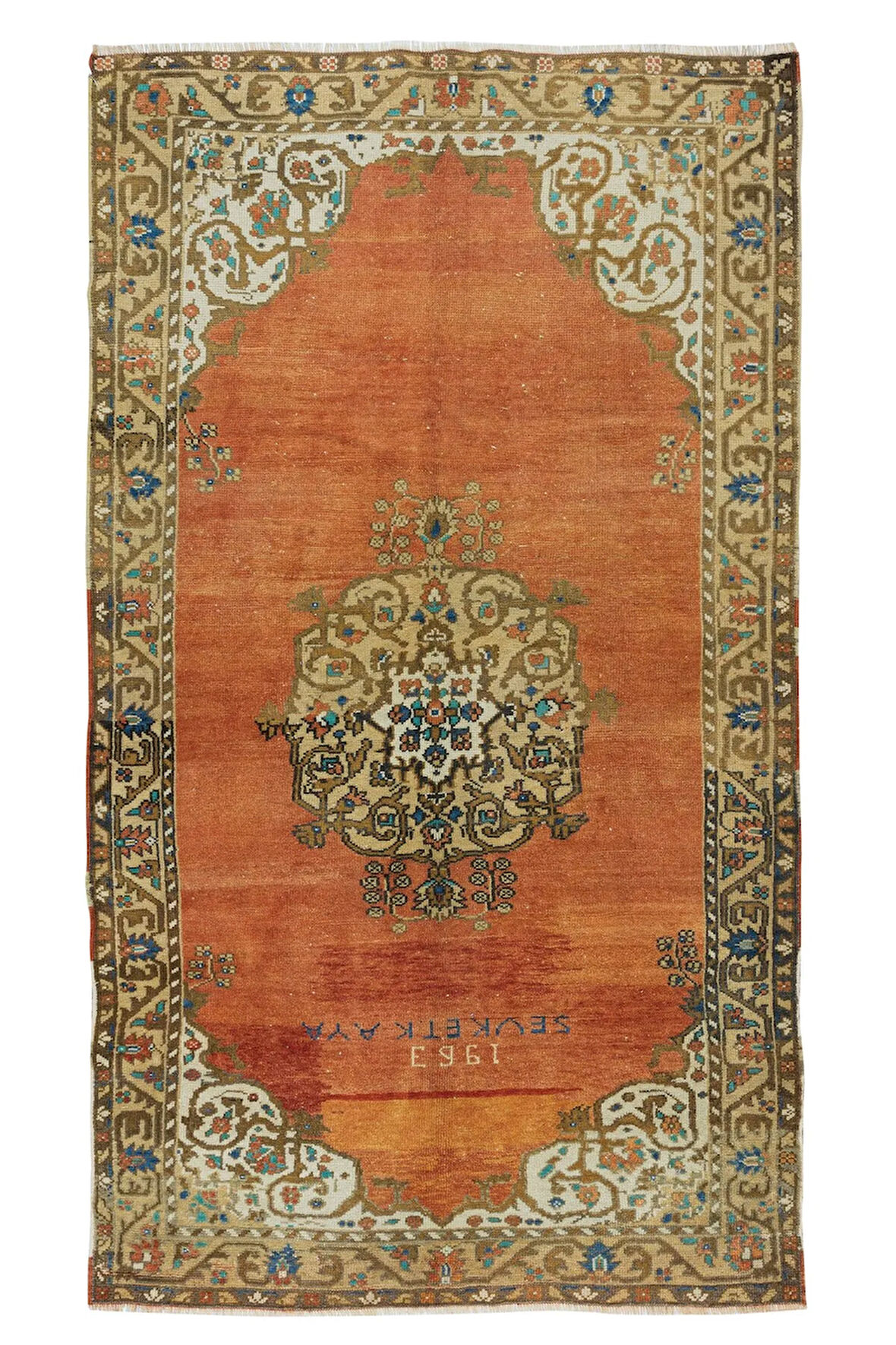 133x238 cm 1963 Yıllarından Oryantal Halı, Kırmızı, Kahverengi, Krem ve Mavi El Dokuma Alan Halısı