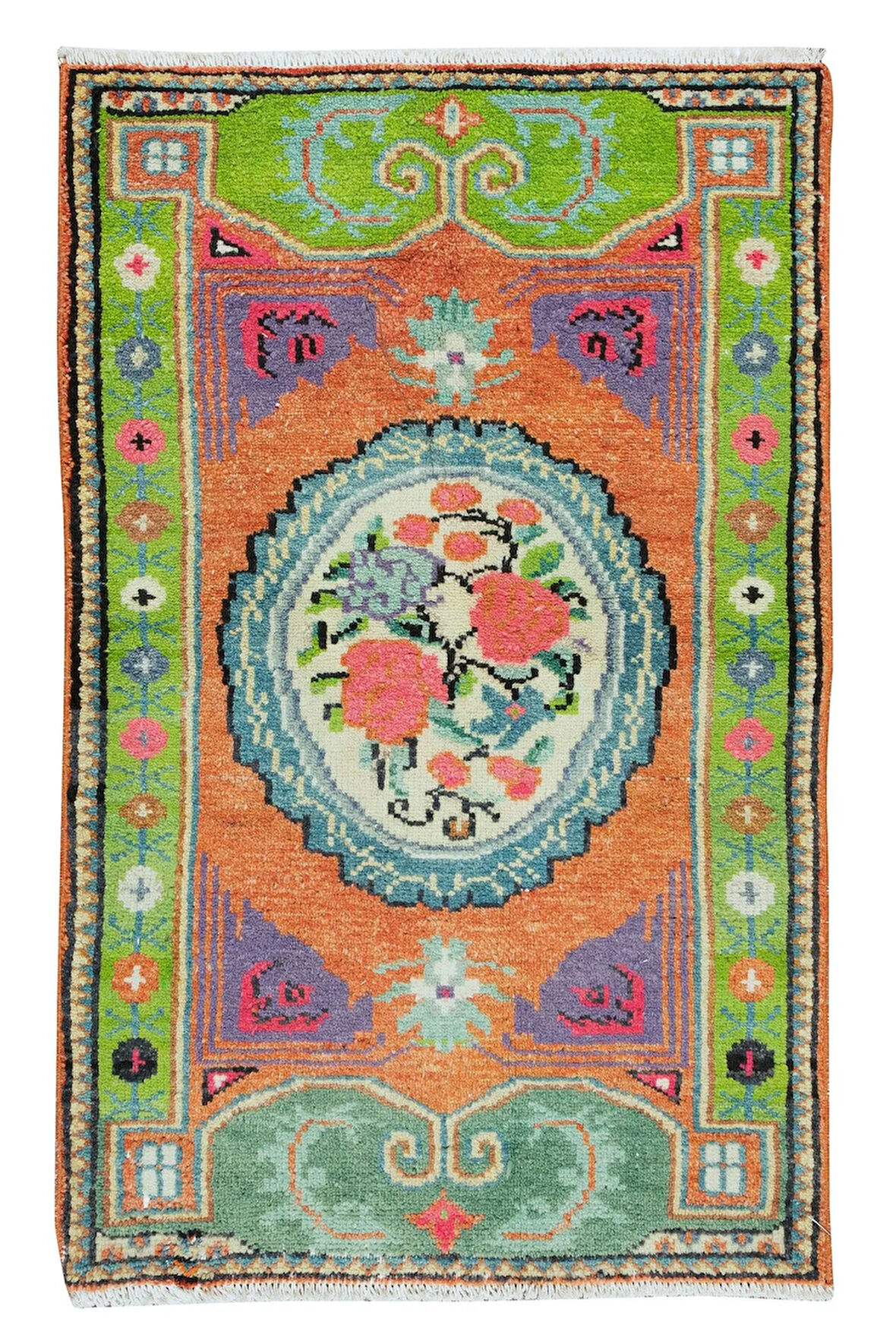 75x122 cm Eski El Yapımı Türk Gördes Halısı, Çiçek Desenli, 1960 civarında yapıldı