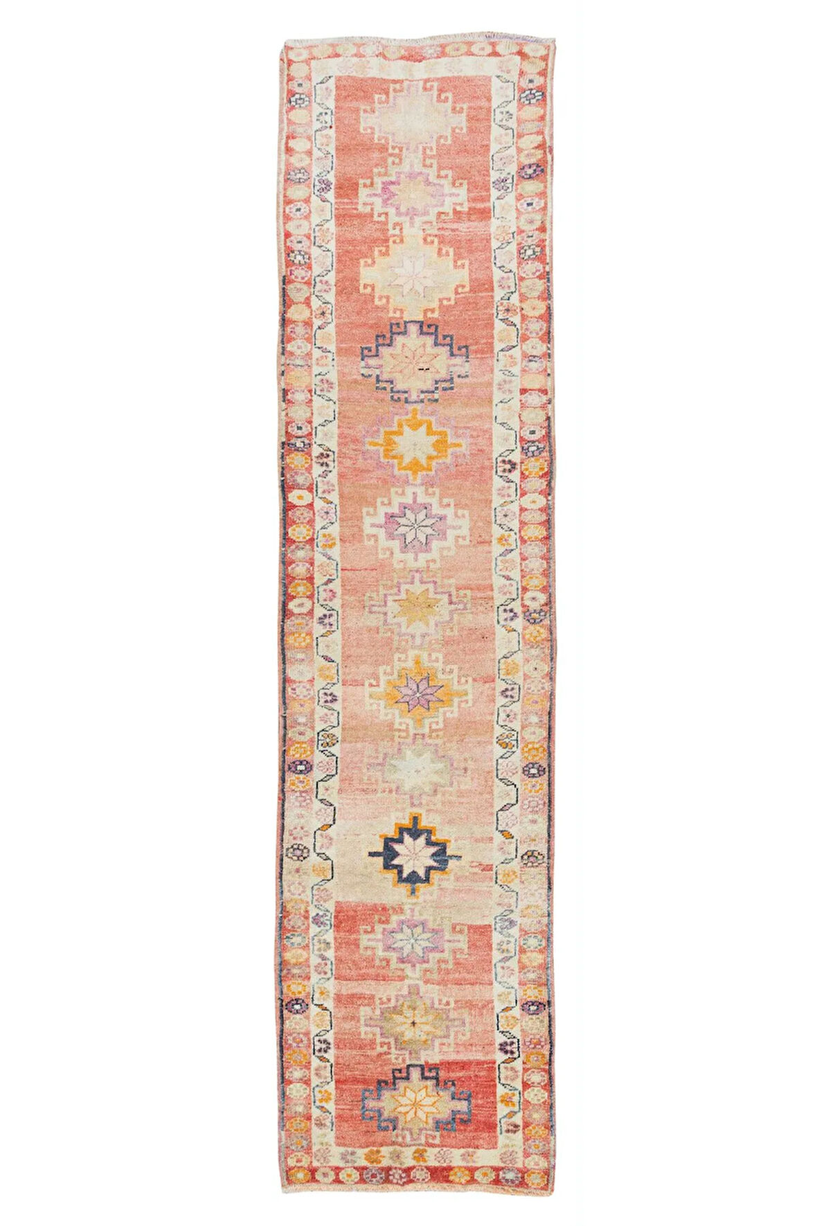 86x374 cm Geleneksel El Düğümlü Koridor Halısı, Yüzyıl Ortasından Geometrik Desenli Koridor Halısı