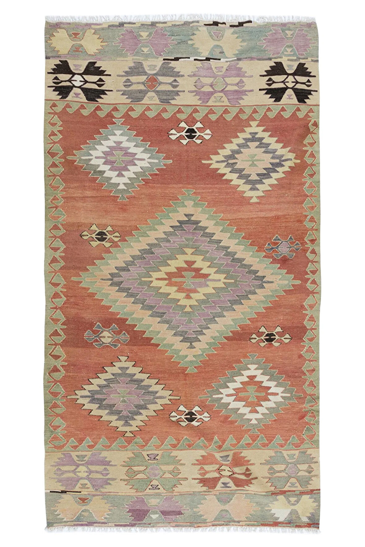 143x264 cm Renkli Geometrik Desenli El Dokuması Kilim, Düz Dokuma Yün Halı