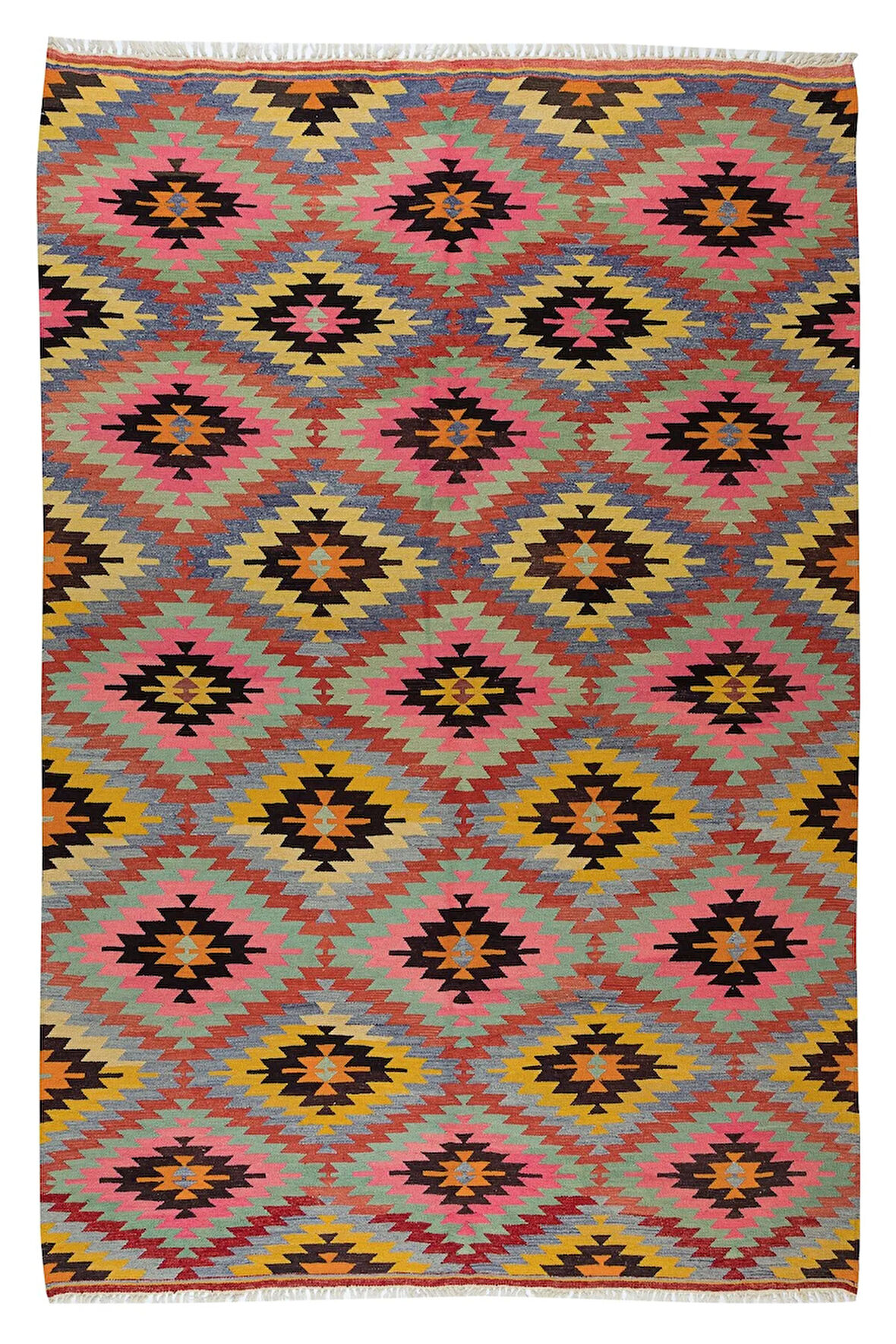 194x292 cm Canlı Tonlarda El Yapımı Kilim, Eşsiz Düz Dokuma Halı. %100 Yün