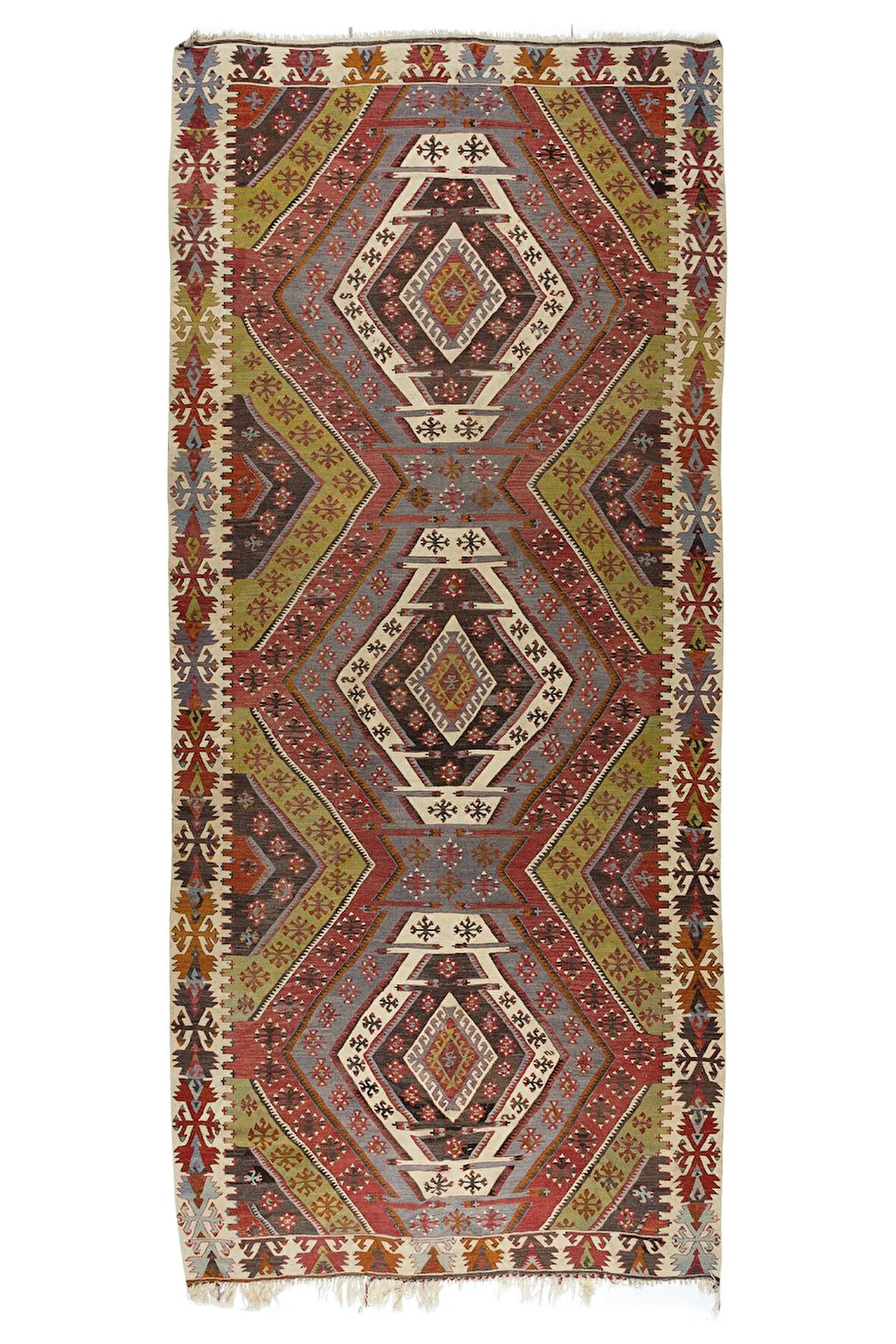 178x396 cm Geometrik Desenli El Yapımı Kilim Yolluk. Düz Dokuma Koridor Kilimi