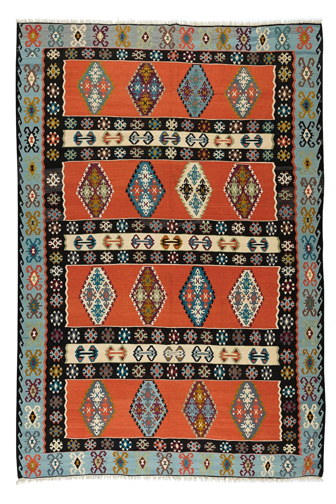 210x296 cm Eski Geometrik Desenli El Dokuması Kilim, Yünden Yapılmış Düz Dokuma Kilim Halı