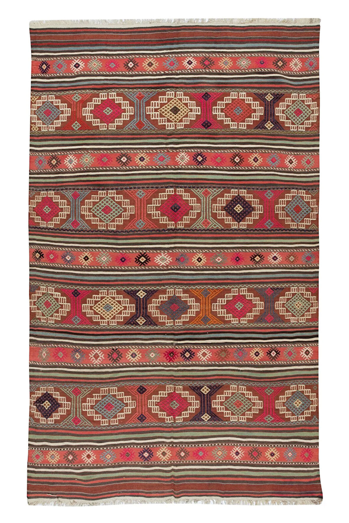 150x238 cm Çok Renkli El Dokuması Yün Kilim. 1970'lerden Düz Dokuma Kilim
