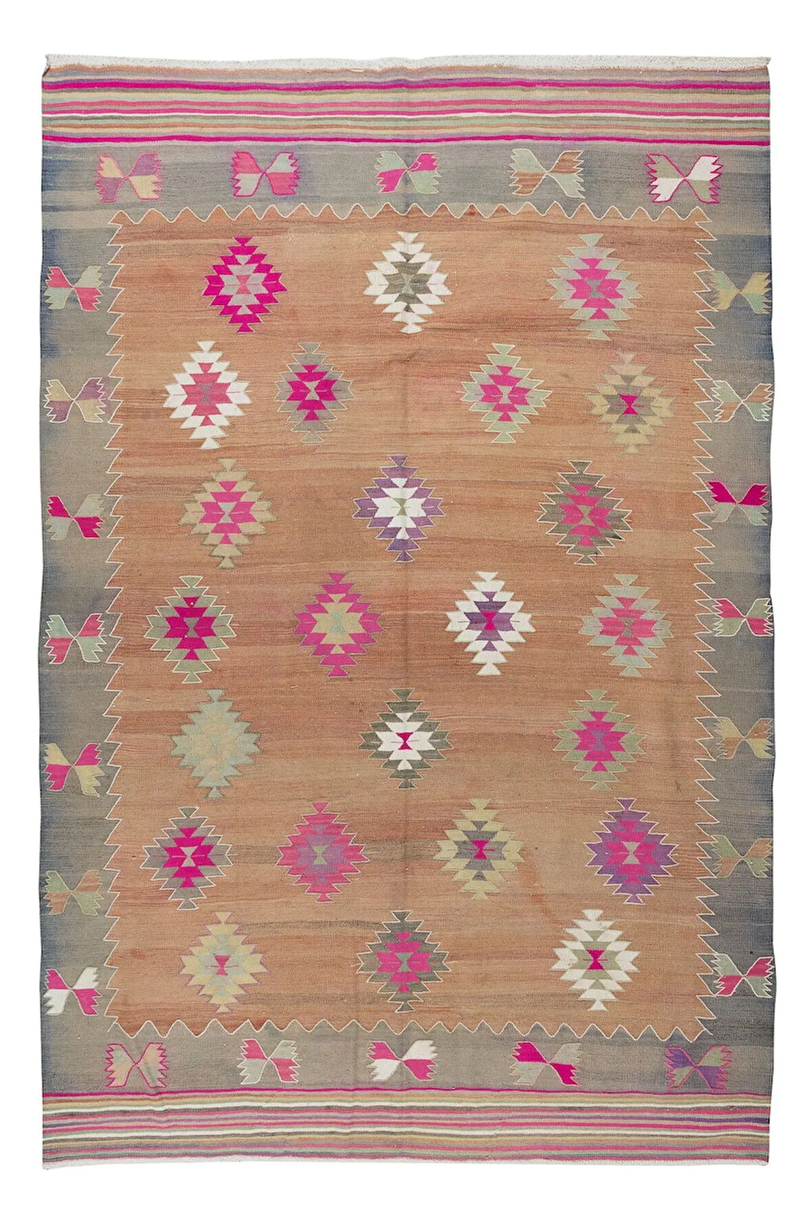 183x270 cm Geometrik Tasarımlı El Dokuması Eski Türk Kilimi. %100 Yün Kilim Alan Halısı